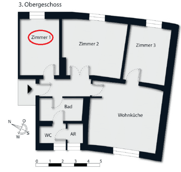 Grundriss des 3. Obergeschosses mit drei Zimmern, Bad, WC, Abstellraum und Wohnküche.
