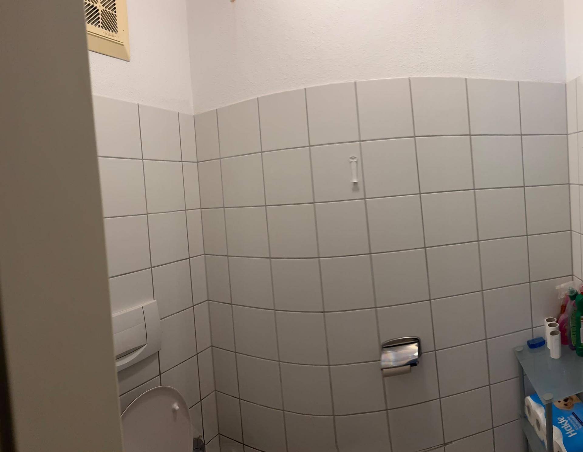 Kleines Gäste-WC mit weißen Fliesen und Wand-WC, funktional und sauber.