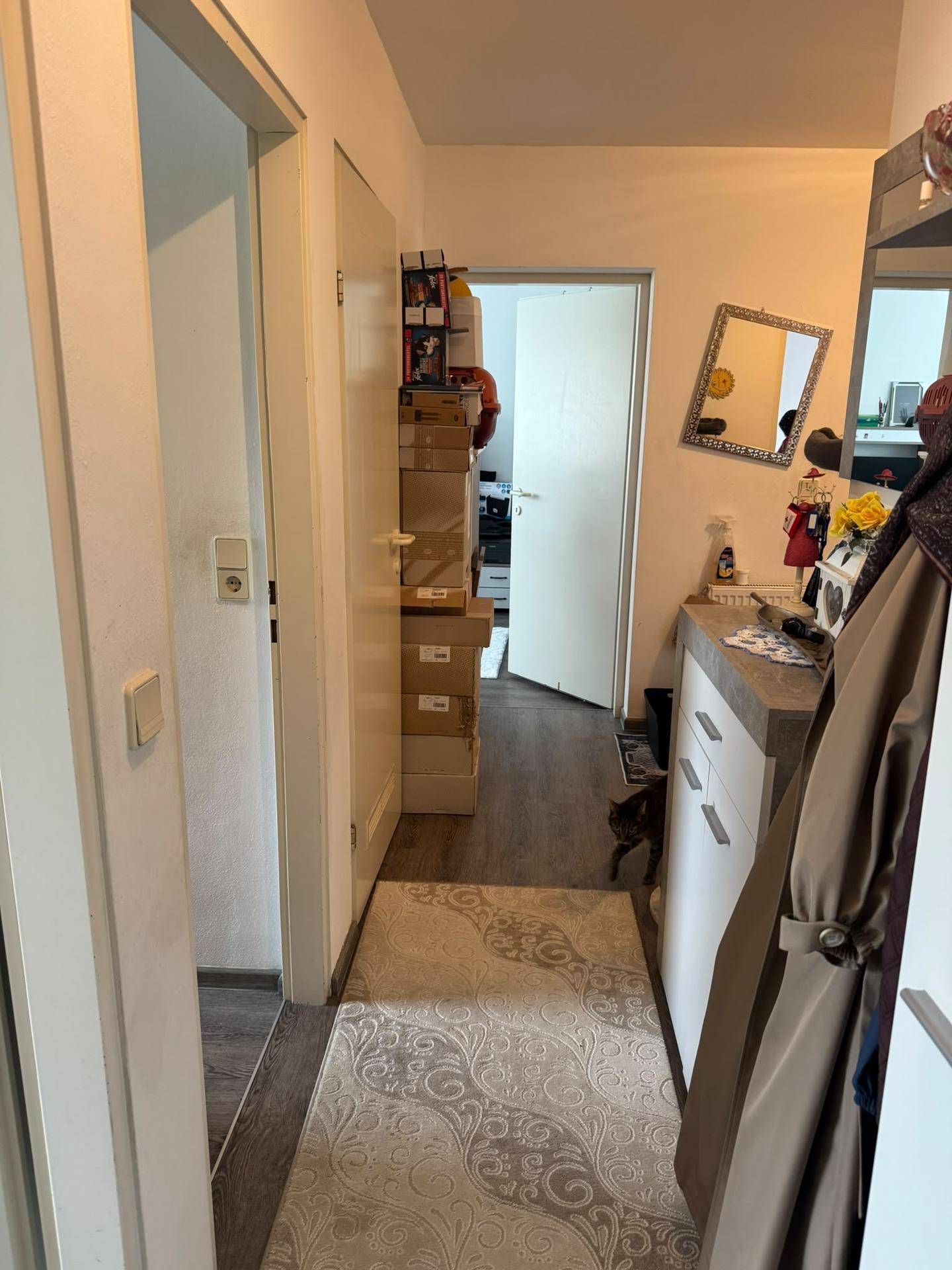 Eingangsbereich mit Garderobenschrank, Spiegel und Teppichläufer, der zu den Wohnräumen führt.