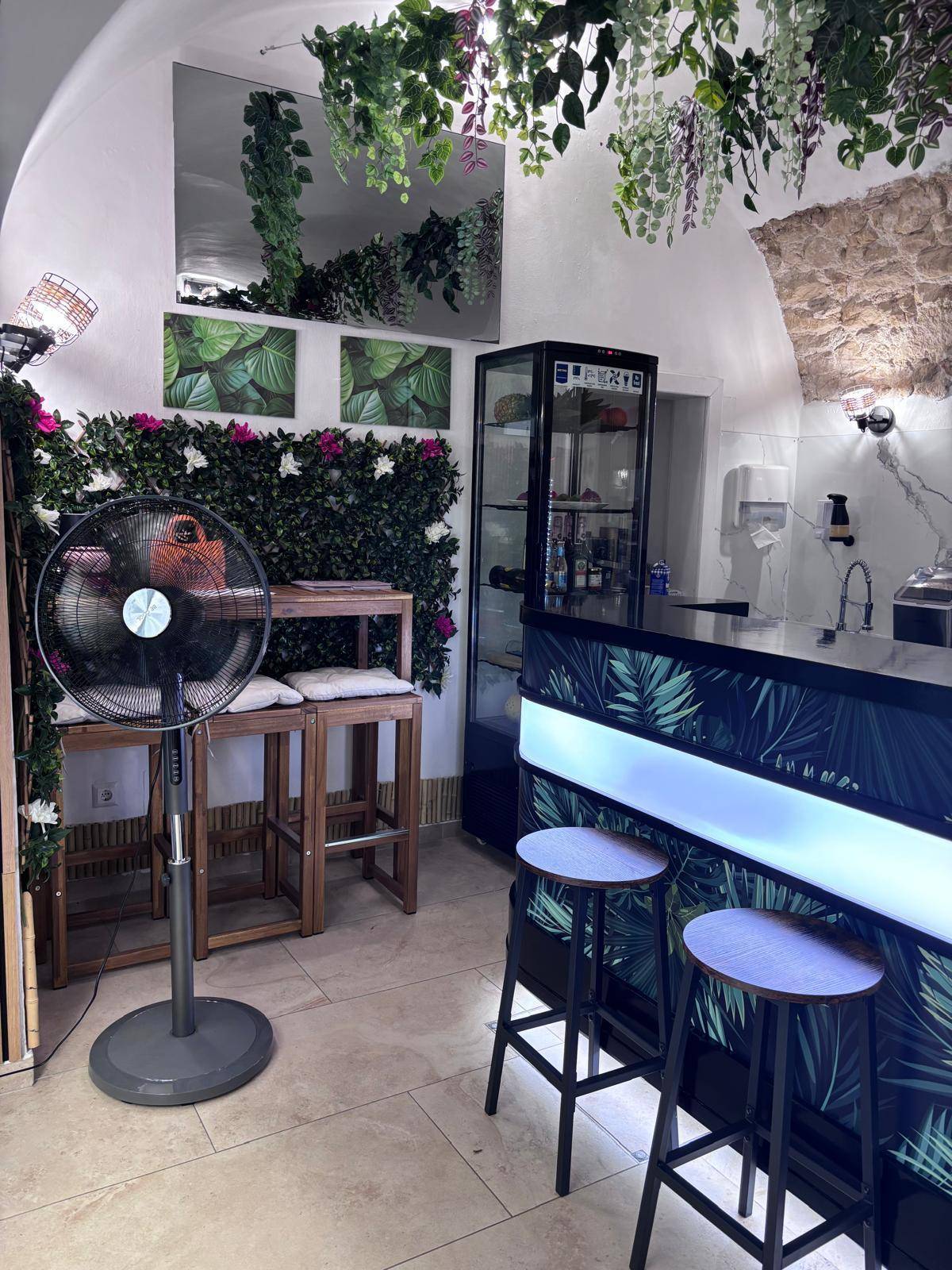 Innenraum des Cafés mit Theke, Stehventilator, Spiegeln und üppiger Kunstpflanzen-Dekoration.