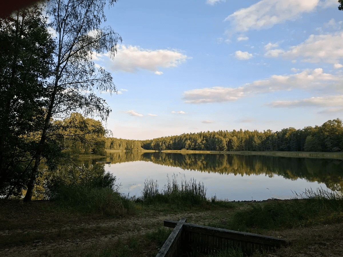 Ruhiger See umgeben von dichtem Wald unter einem weiten blauen Himmel mit Wolken.