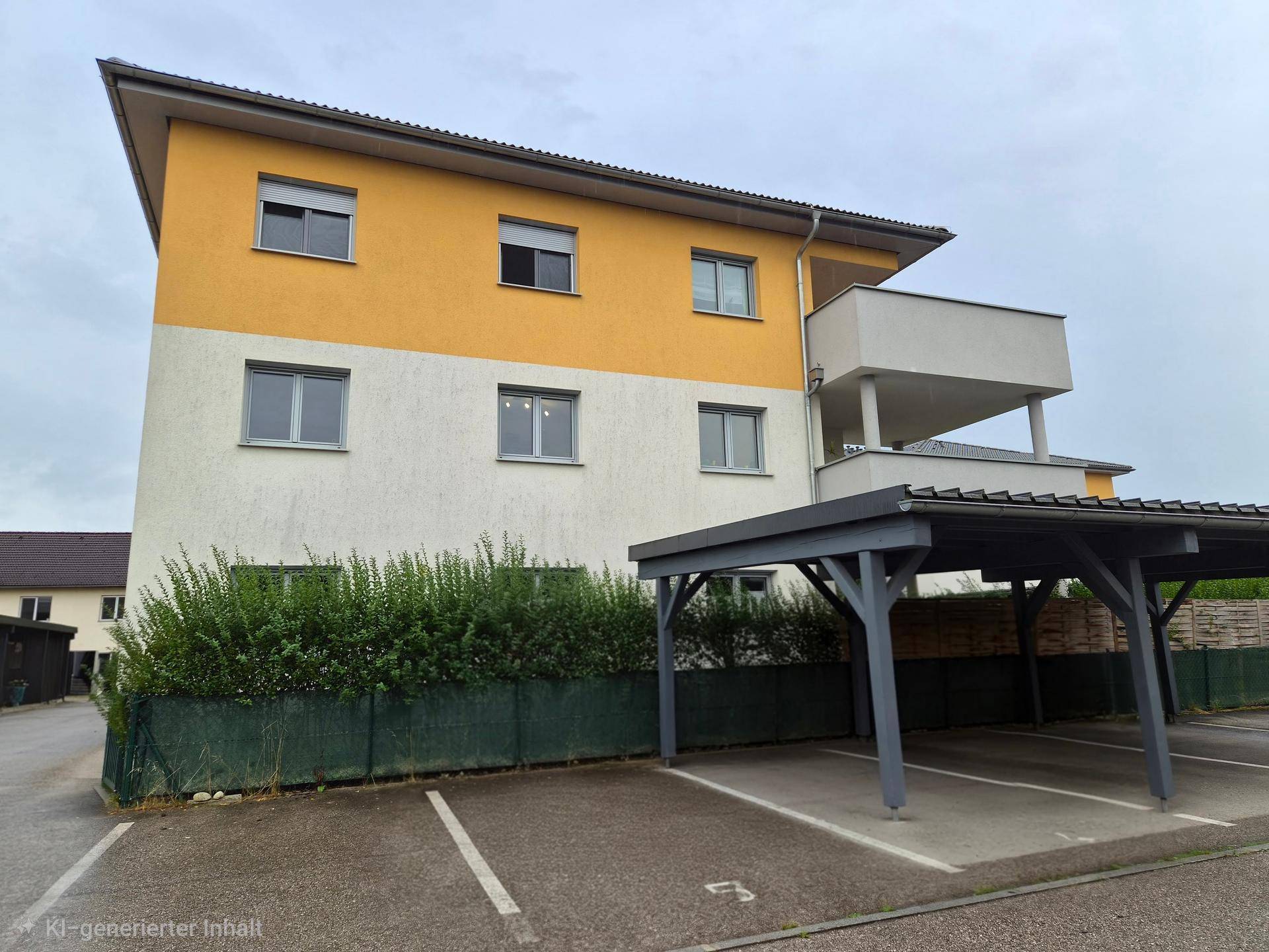 Modernes Mehrfamilienhaus mit gelb-weißer Fassade und überdachtem Carport-Parkplatz.