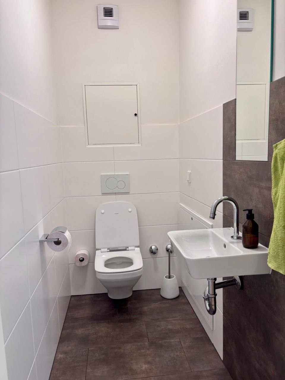 Modernes Gäste-WC mit wandhängendem WC, kleinem Waschbecken und zweifarbigen Fliesen.