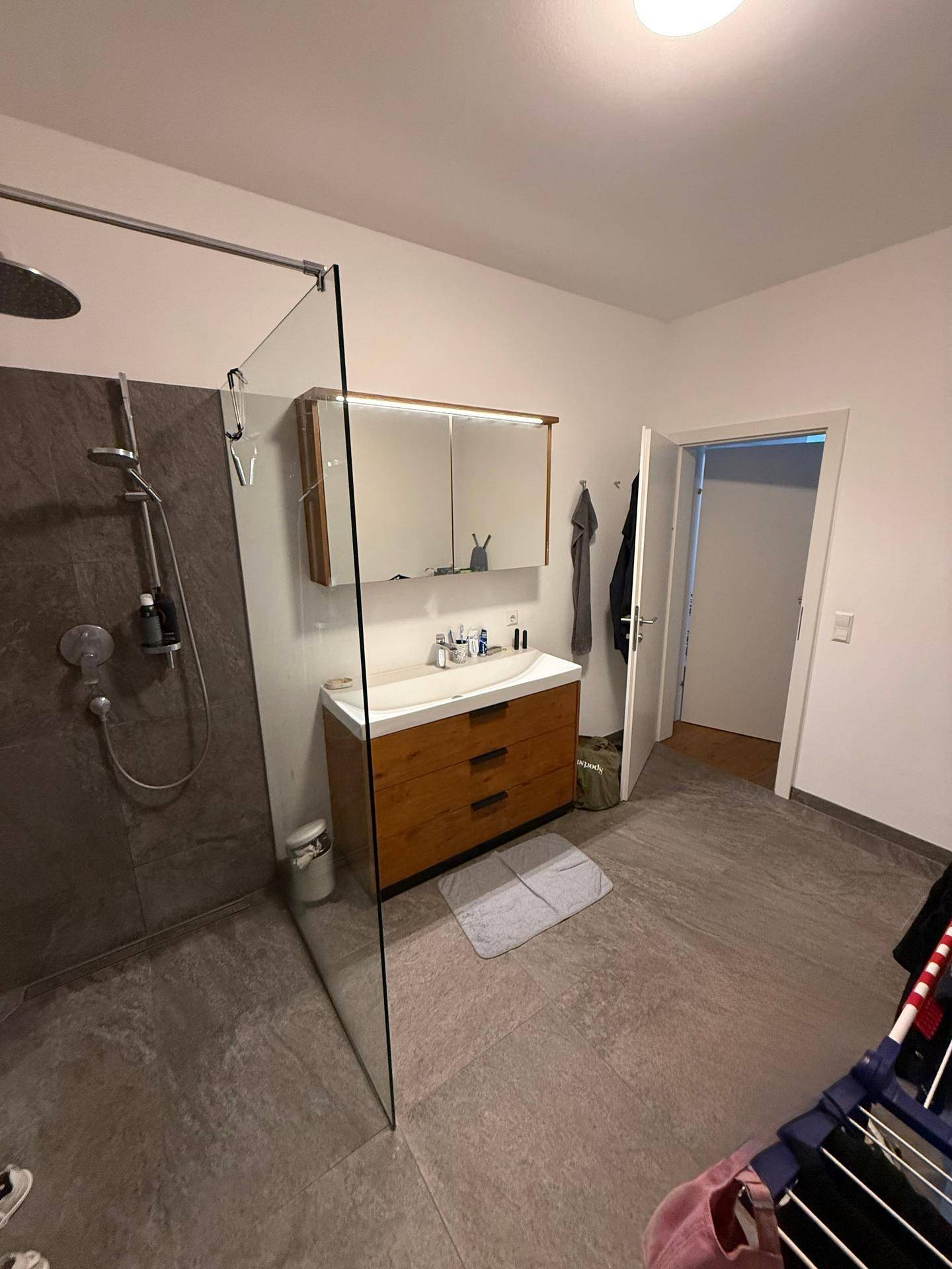 Modernes Badezimmer mit begehbarer Dusche, Einzelwaschbecken und Spiegelschrank.