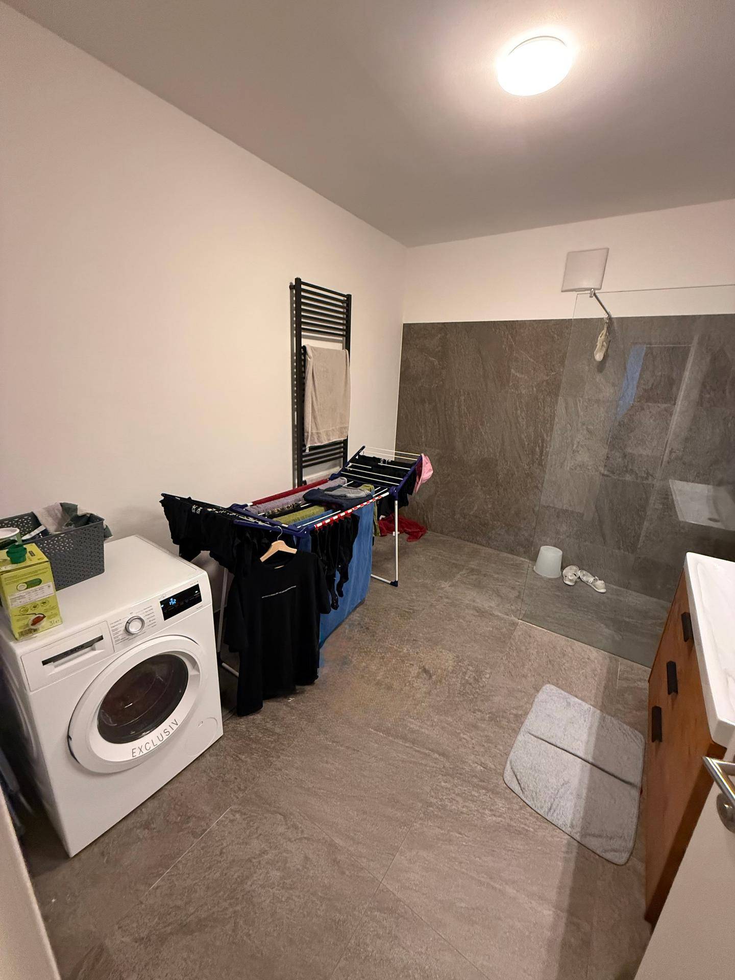 Modernes Badezimmer mit Waschmaschine, Wäscheständer und einer geräumigen begehbaren Dusche.