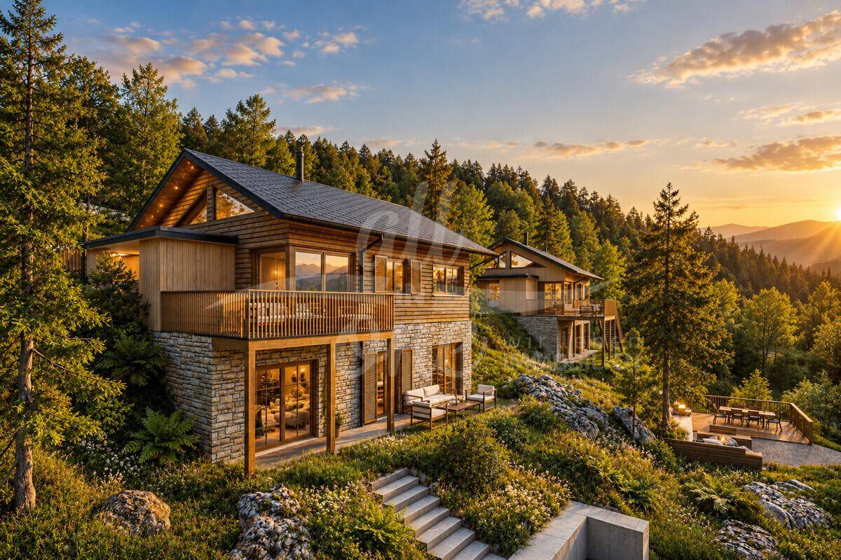 Modernes Chalet mit Holzfassade und Steinelementen, umgeben von Wald und mit Bergblick bei Sonnenuntergang.