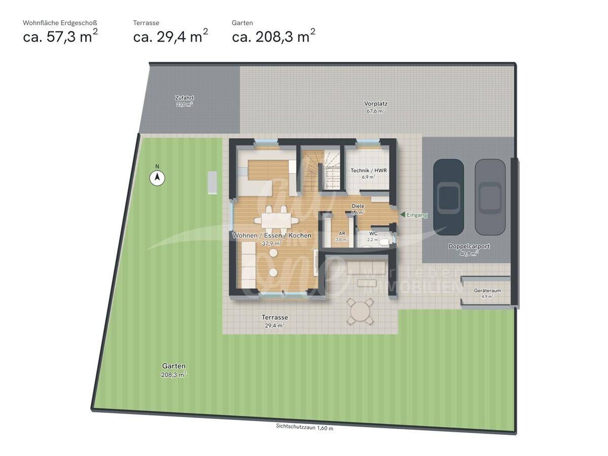 Grundriss Erdgeschoß mit Garten und Carport