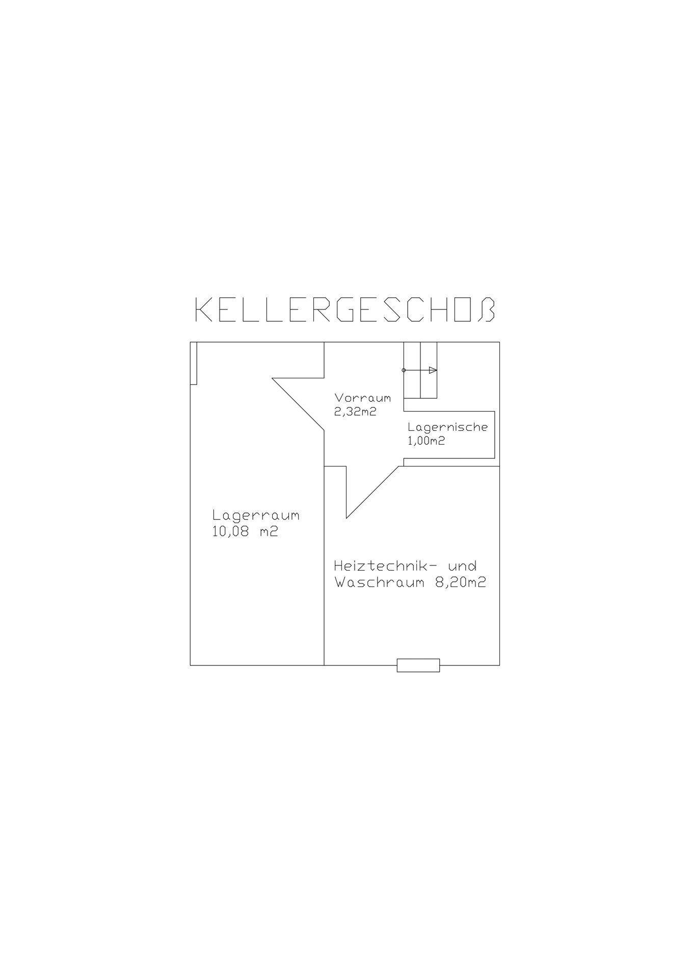 Grundriss des Kellergeschosses mit Lagerraum, Vorraum und Waschraum.