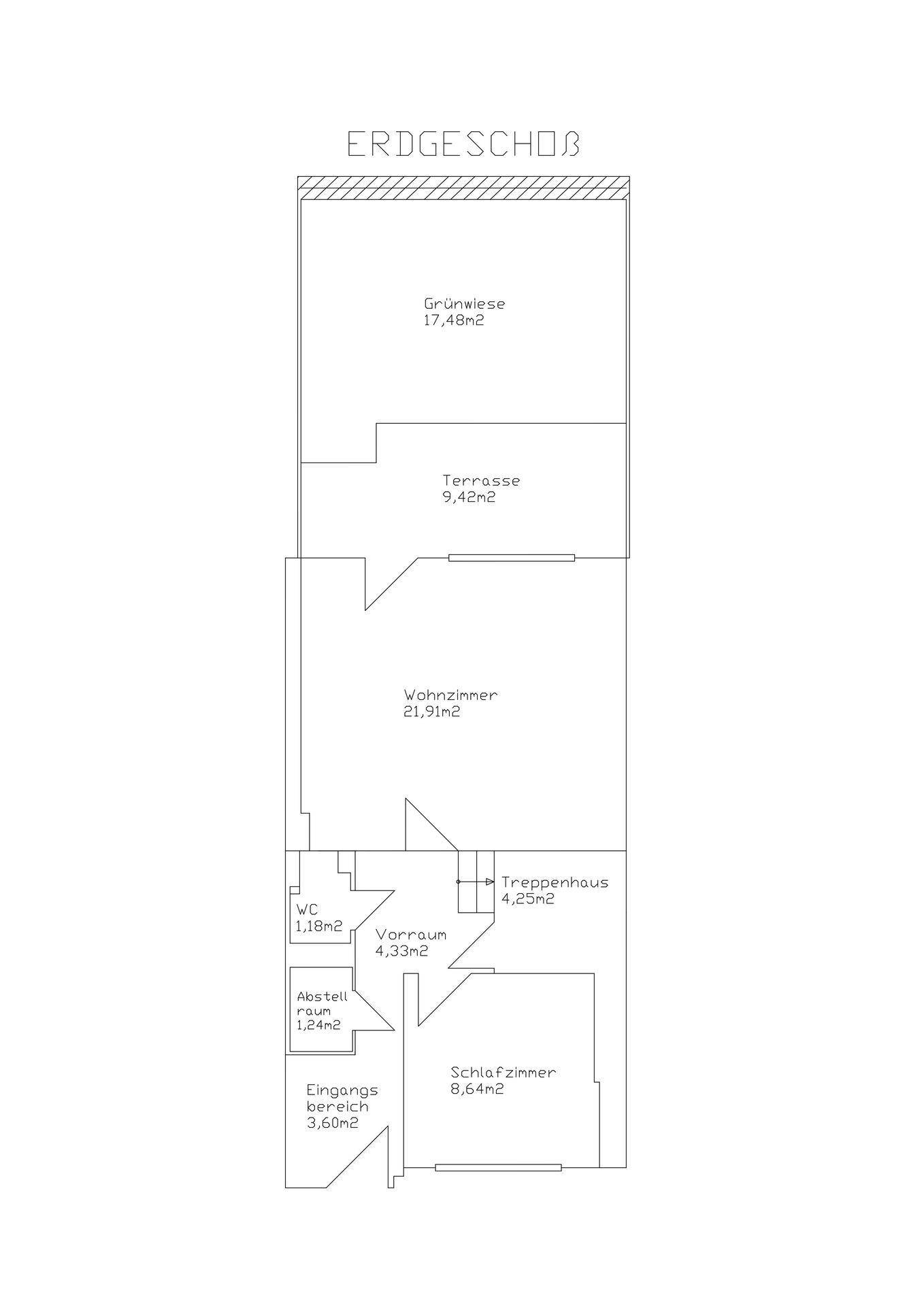 Grundriss des Erdgeschosses mit Wohnzimmer, Terrasse, Gartenbereich und separatem Gäste-WC.