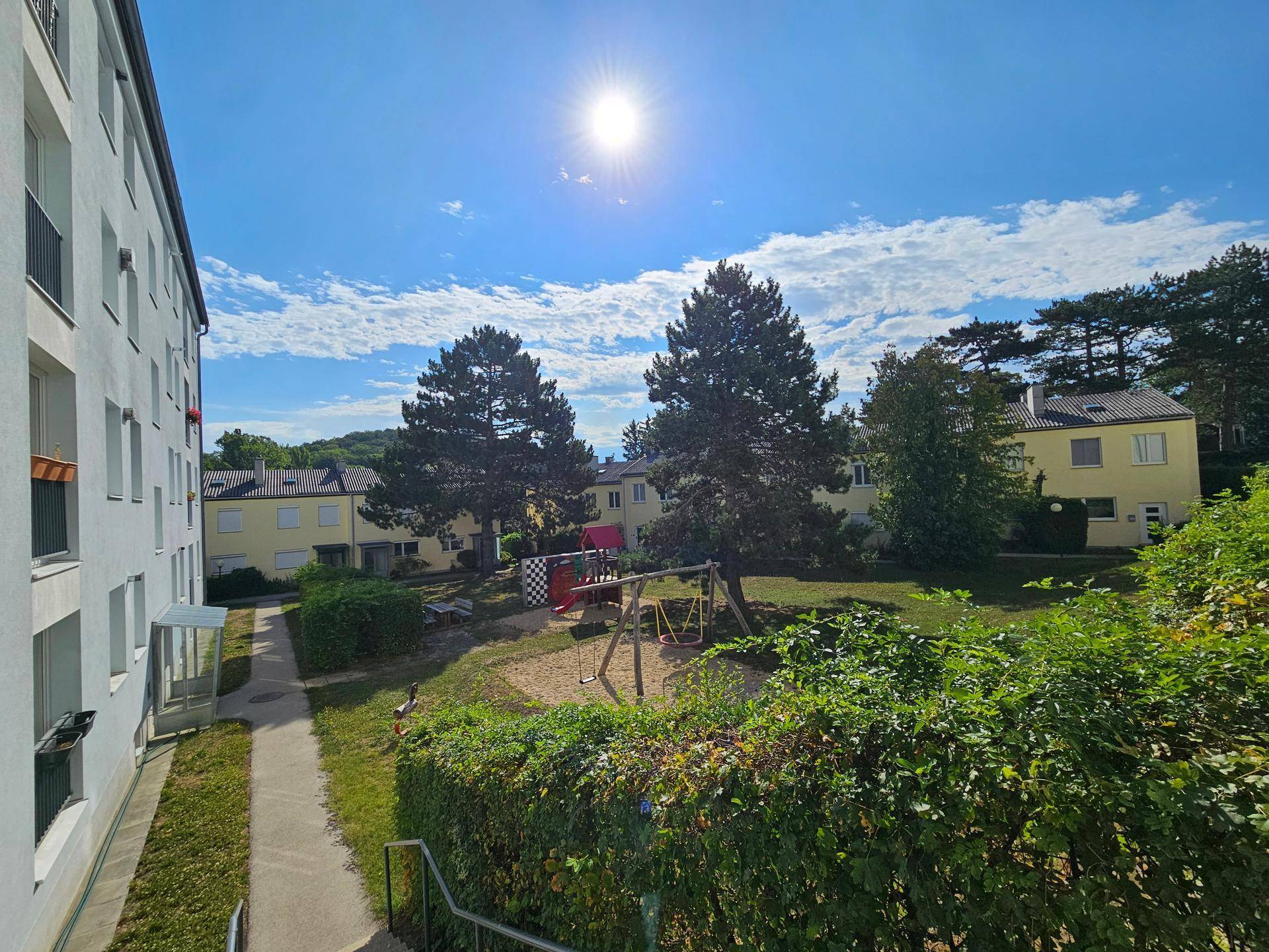 Sonniger Gemeinschaftsgarten mit Spielplatz, hohen Bäumen und umliegenden Wohngebäuden.