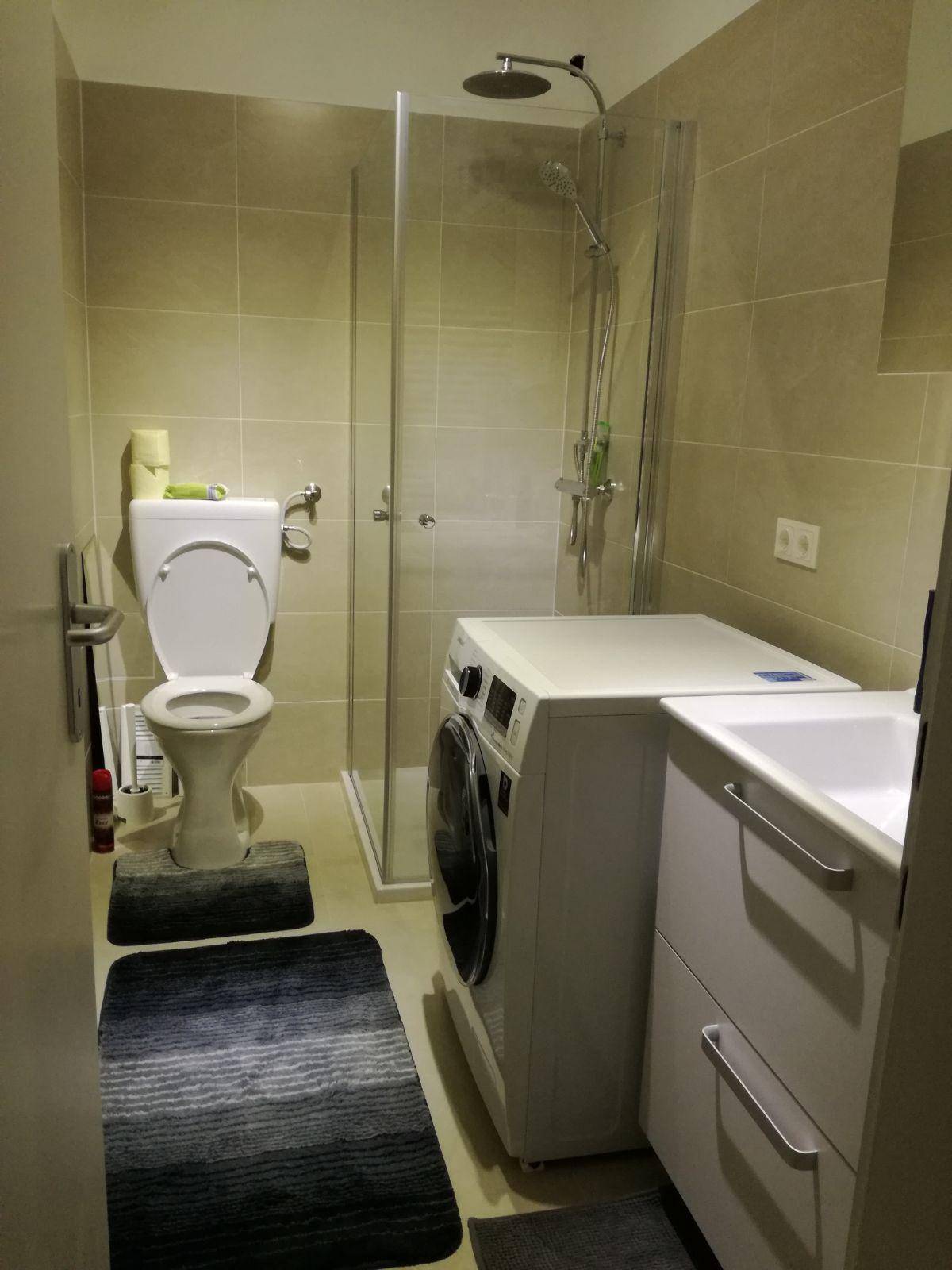 Modernes Badezimmer mit Dusche, WC, Waschbecken und Waschmaschine.