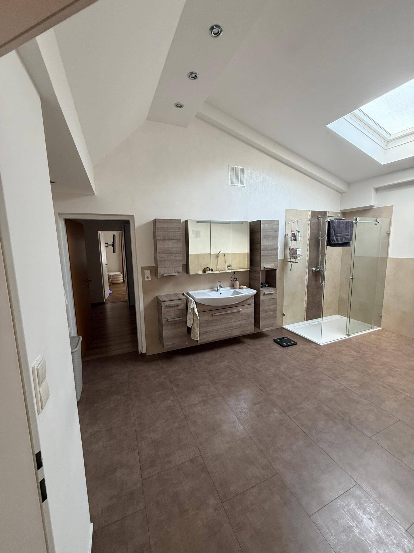 Modernes Badezimmer mit Waschtisch, Duschkabine und Dachfenster für natürliches Licht.