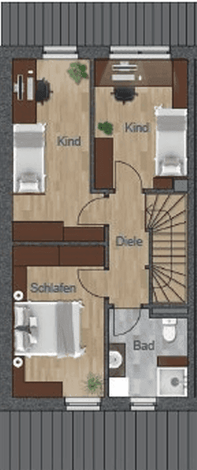 Detaillierter Grundriss des Obergeschosses einer Einheit mit Schlafzimmern und Bad.