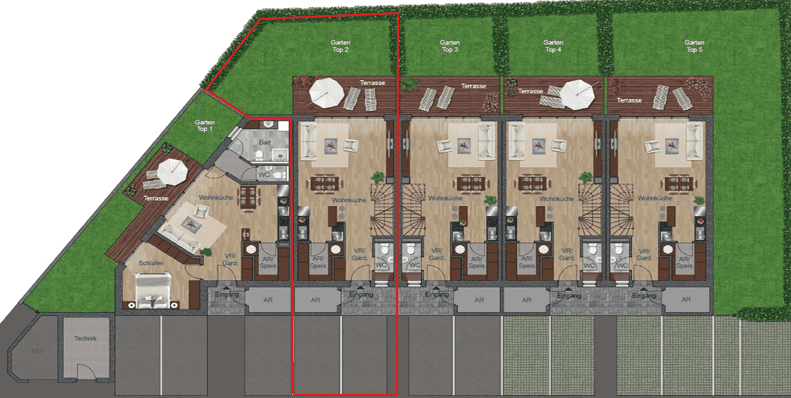 Grundriss des Erdgeschosses mit Wohnküchen, Terrassen und Gärten für mehrere Einheiten.