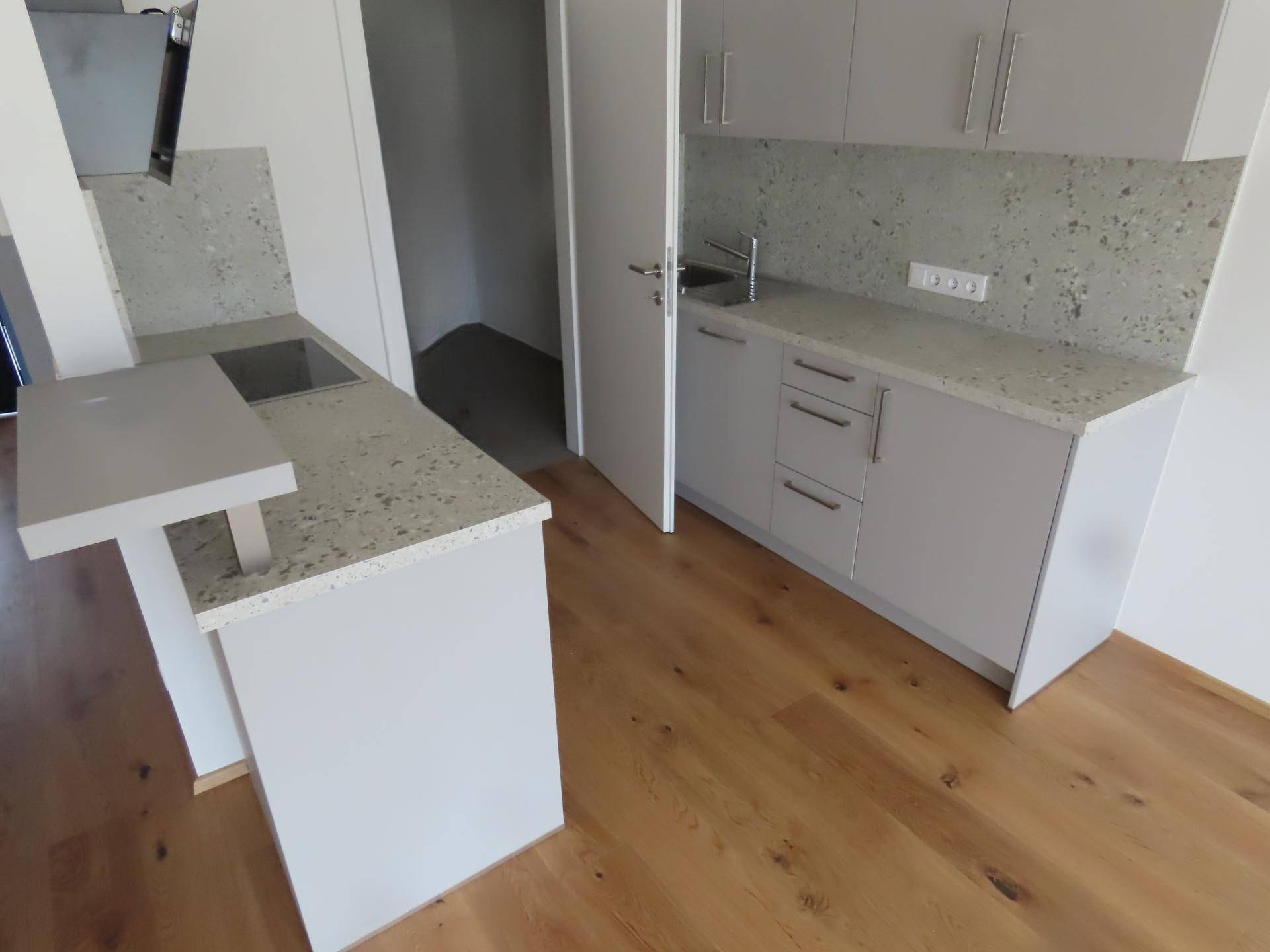 Moderne Küche mit hellgrauen Schränken, Arbeitsplatte und integrierter Frühstücksbar.