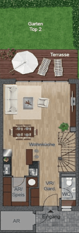 Detaillierter Grundriss des Erdgeschosses einer Einheit mit Wohnküche, Terrasse und Garten.