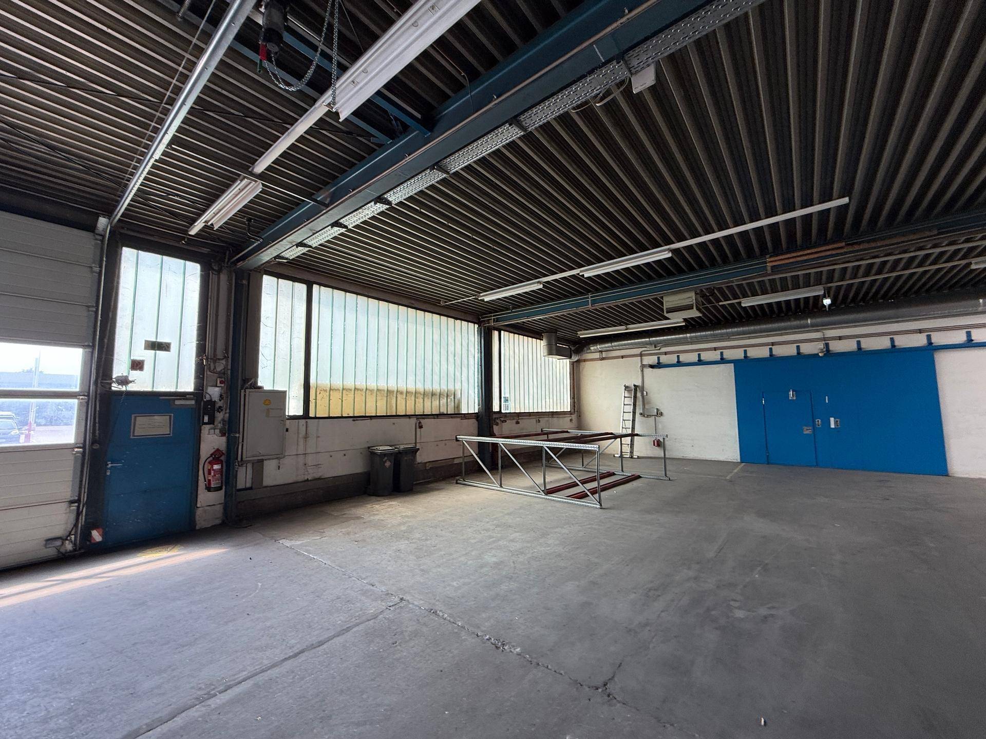 Lagerhalle mit Betonboden, Rolltor und großen Fenstern, bietet viel Tageslicht und Zugang.