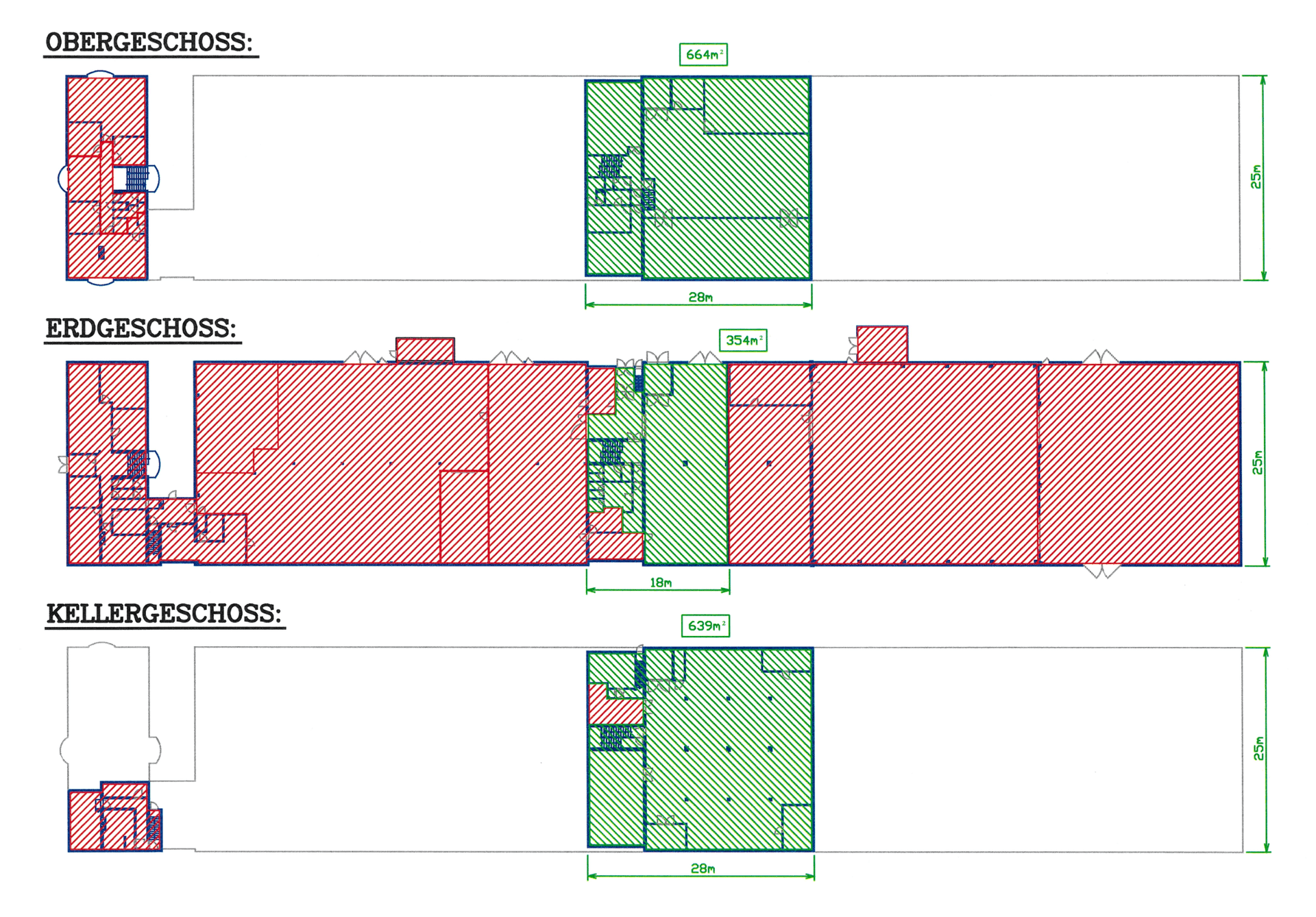 Übersichtlicher Grundrissplan mit Obergeschoss, Erdgeschoss und Kellergeschoss, inklusive Flächenangaben.