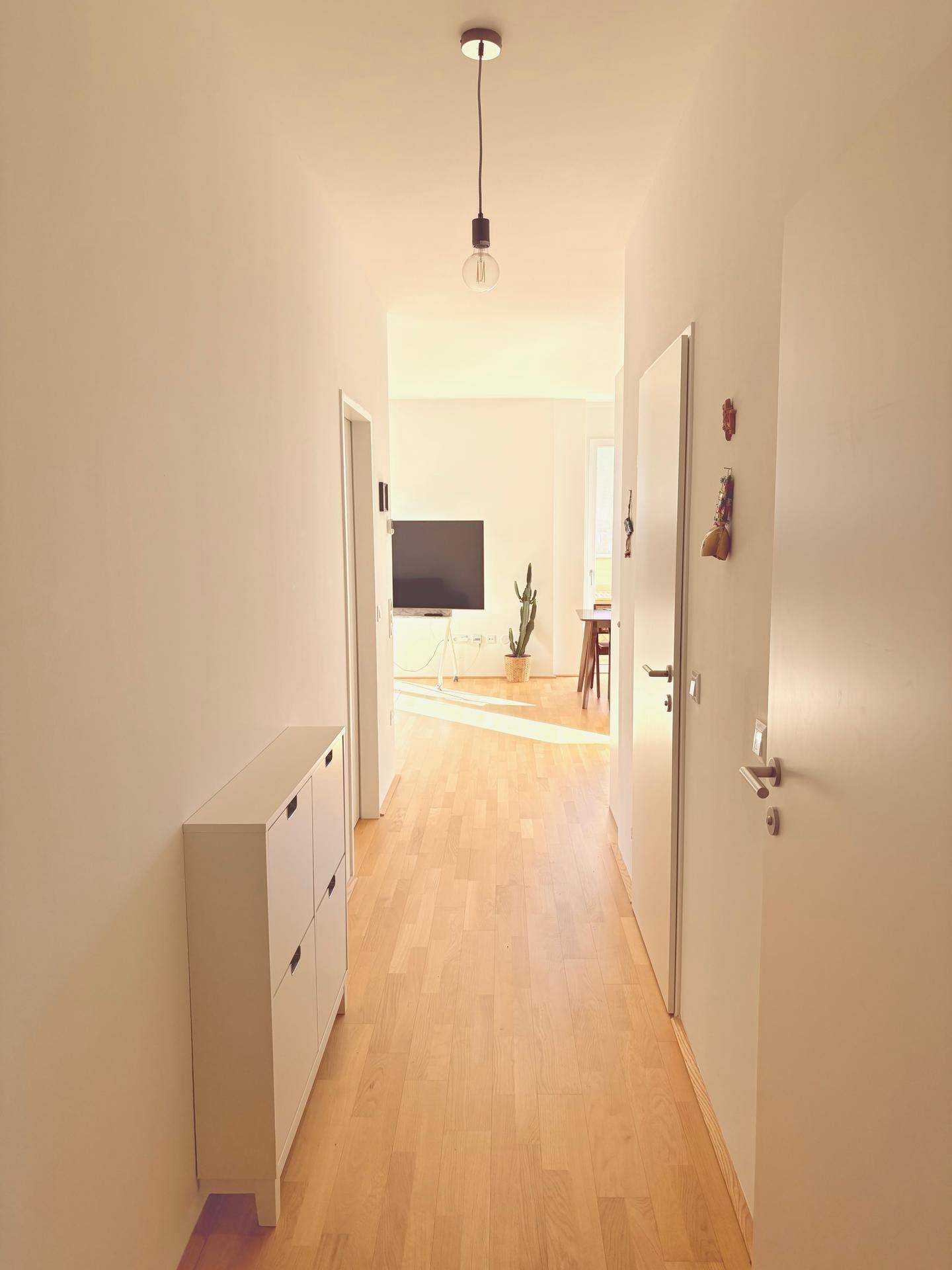 Heller Flur mit Holzboden, Schuhschrank und Zugang zu weiteren Räumen.