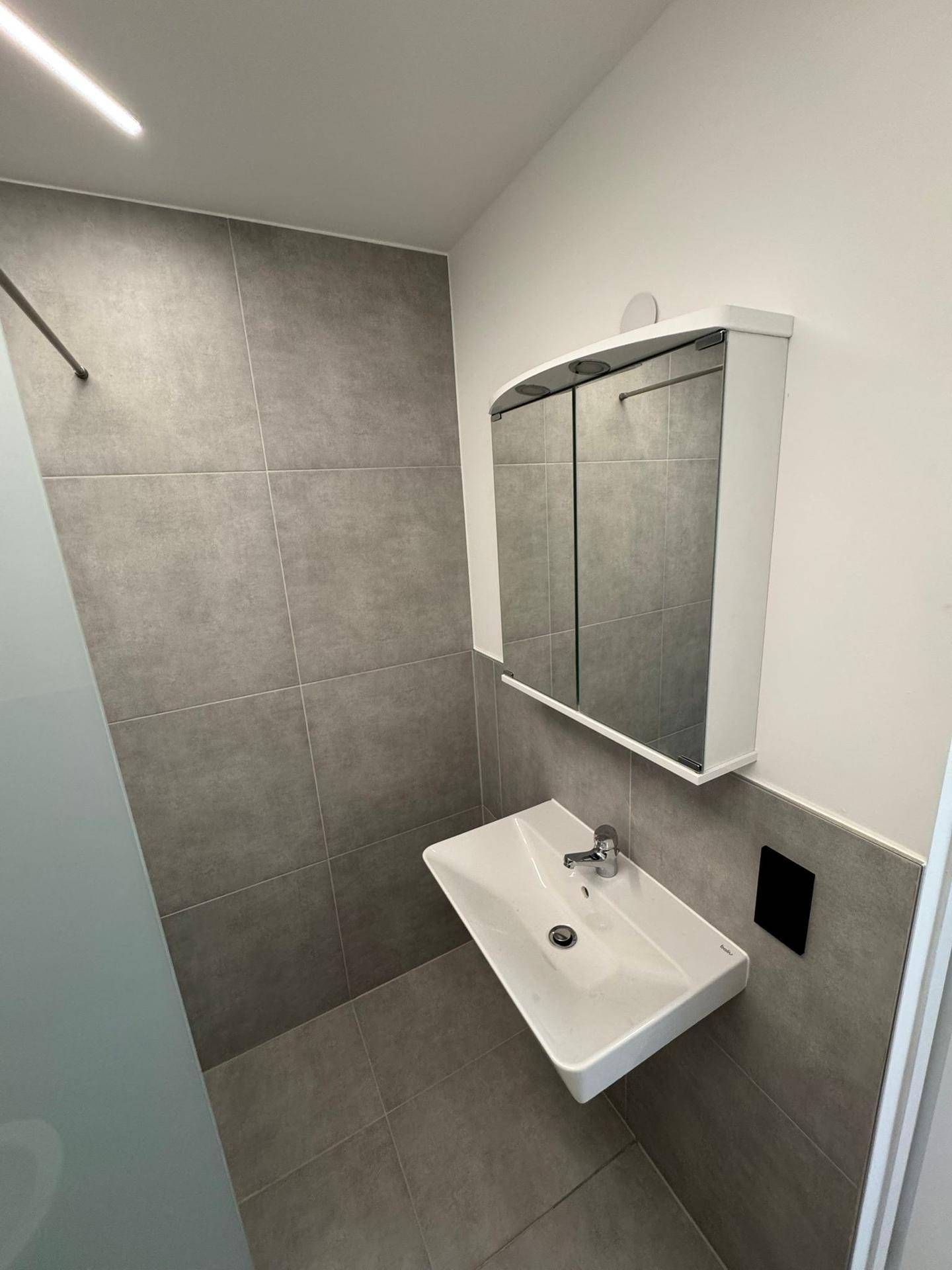 Modernes Badezimmer mit grauen Fliesen, wandhängendem Waschbecken und Spiegelschrank.