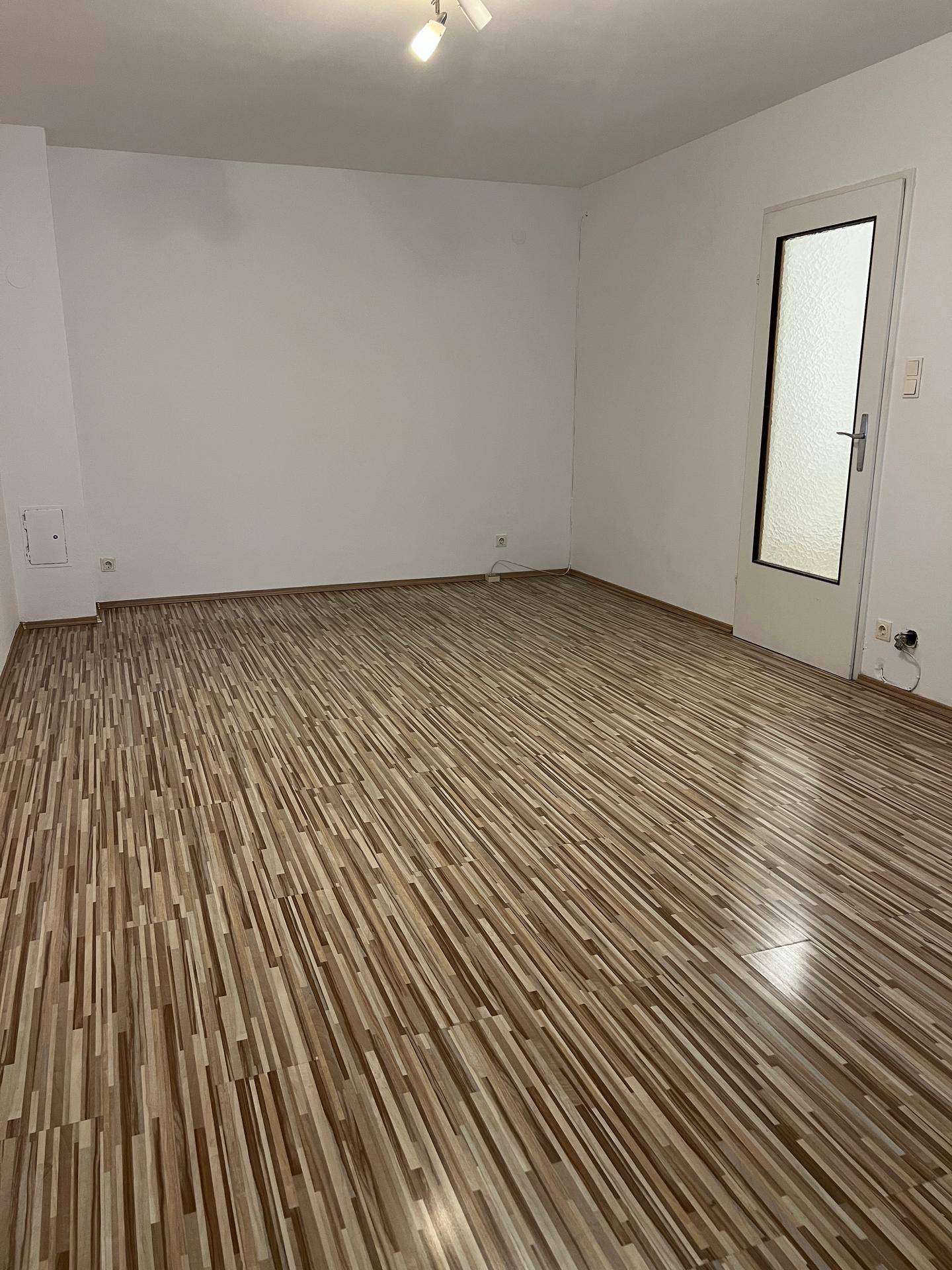 Geräumiger, leerer Raum mit modernem Laminatboden und einer Tür mit Milchglas.