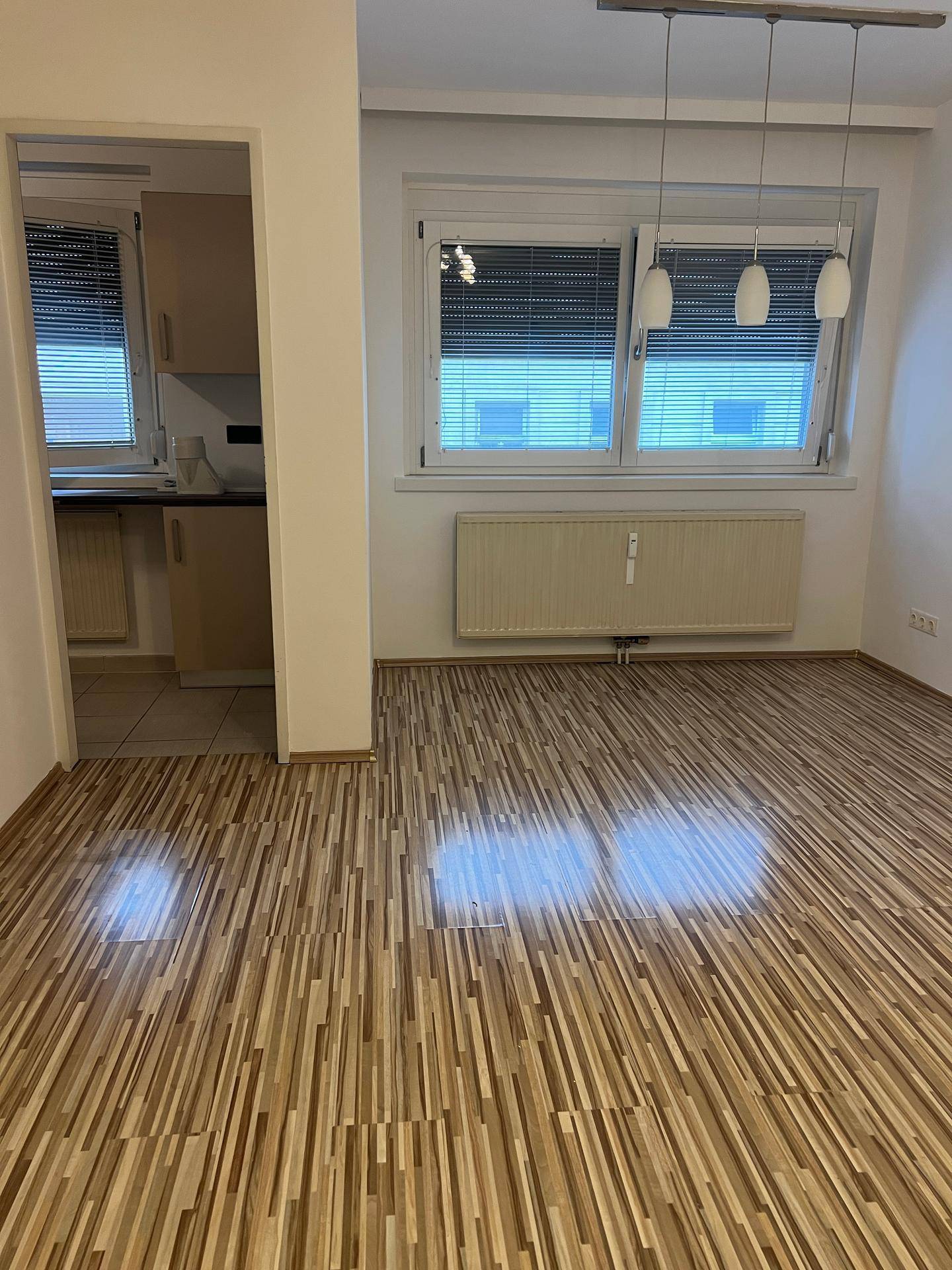 Heller Wohnraum mit Laminatboden, großen Fenstern und Zugang zu einer angrenzenden Küche.