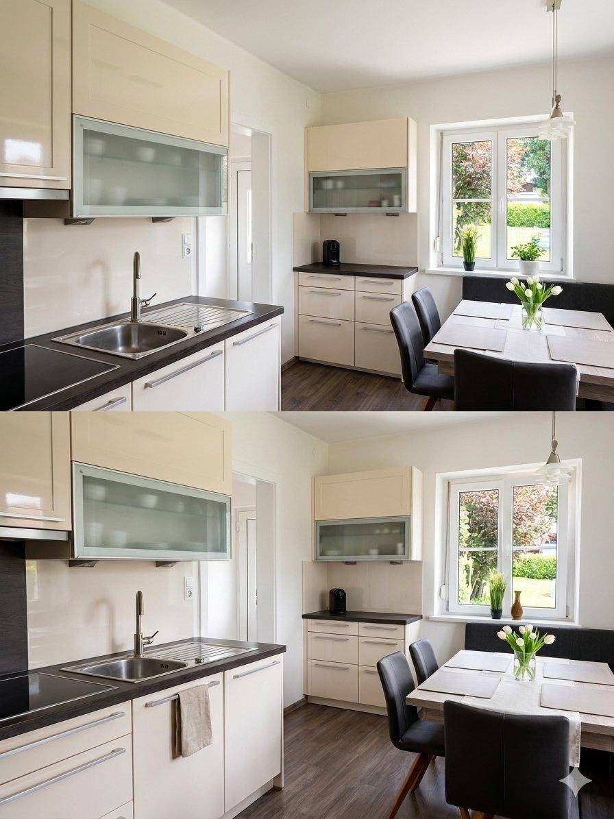 Helle moderne Küche mit Essbereich, Fenster und Blick ins Grüne, ausgestattet mit Einbaugeräten.