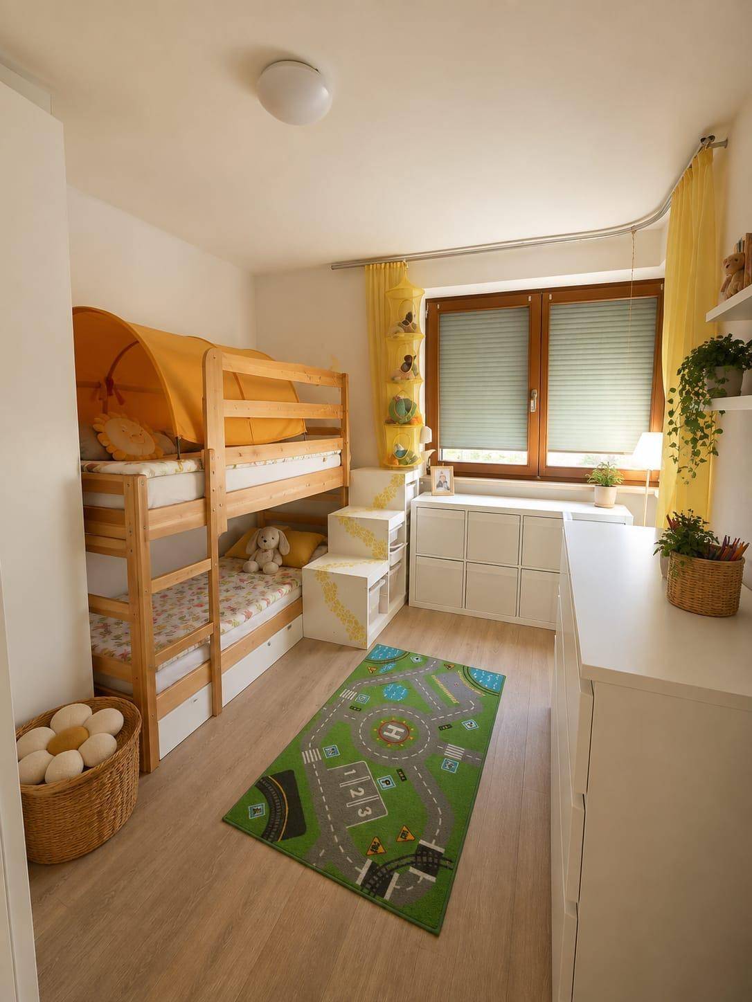 Helles Kinderzimmer mit Etagenbett, Spielteppich und viel Stauraum.