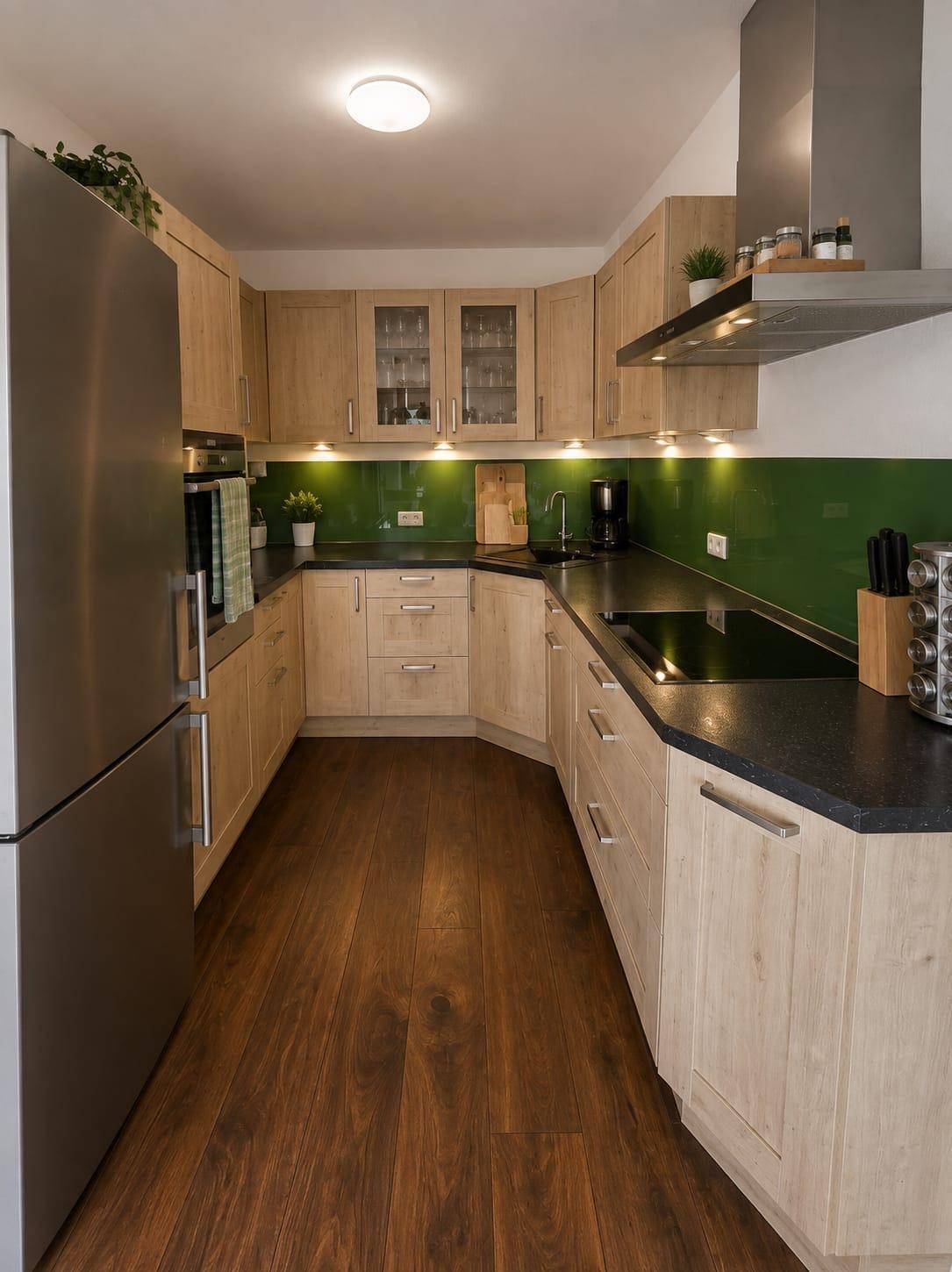 Moderne Küche mit Holzfronten, dunkler Arbeitsplatte und grüner Rückwand.
