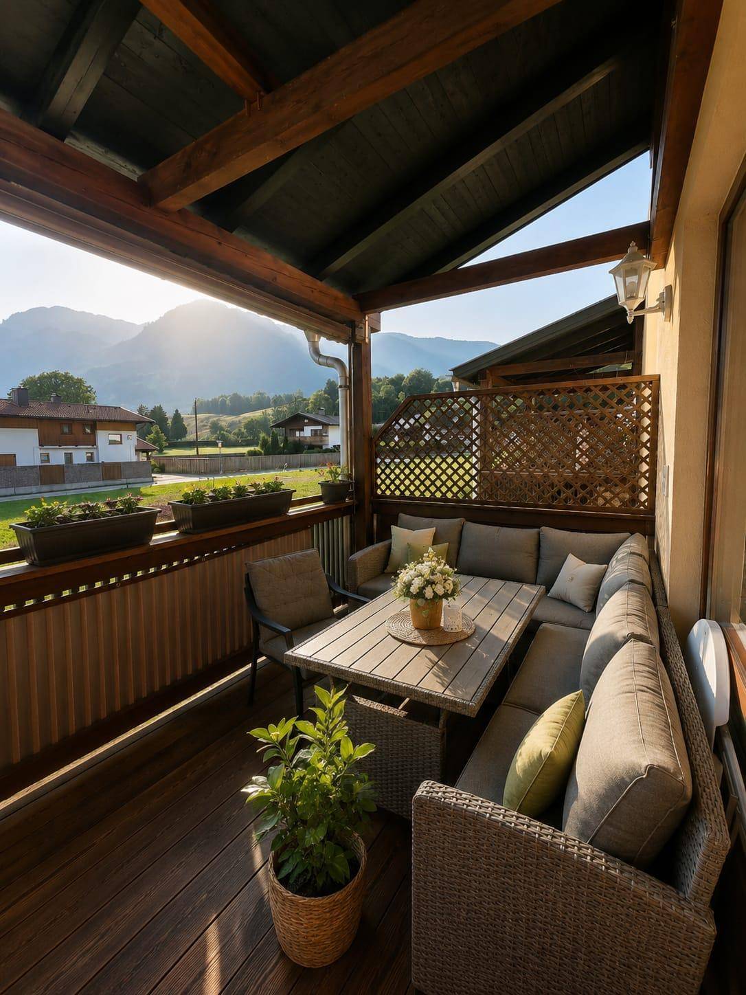 Gemütlicher überdachter Balkon mit Sitzgelegenheiten und Bergblick.