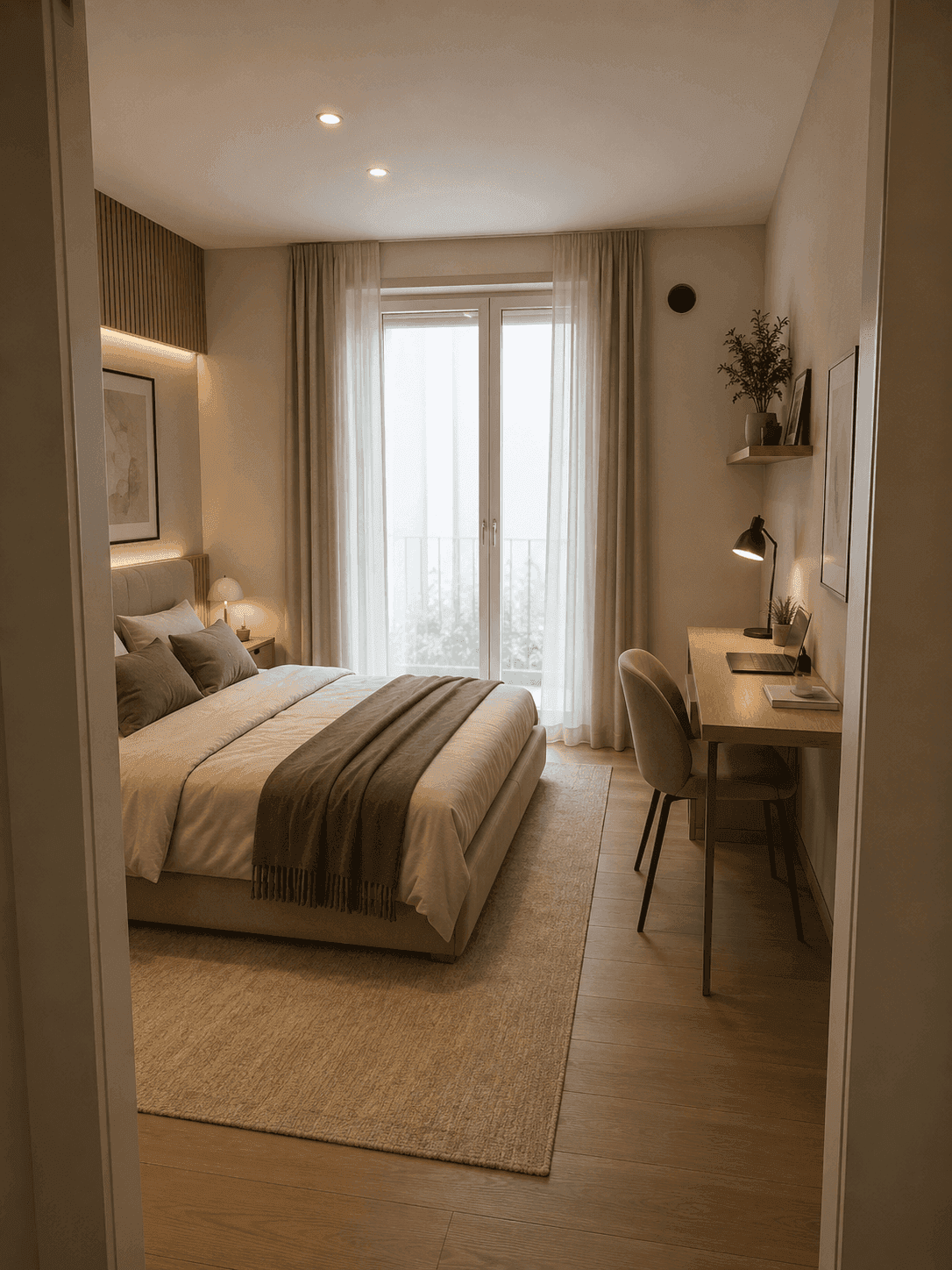Helles Schlafzimmer mit modernem Design, Holzboden und Zugang zu einem französischen Balkon.