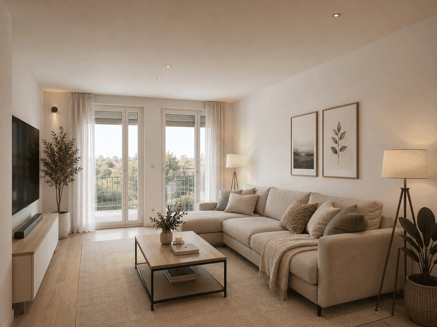 Geräumiges Wohnzimmer mit beigem Ecksofa, Holzboden und viel natürlichem Licht.