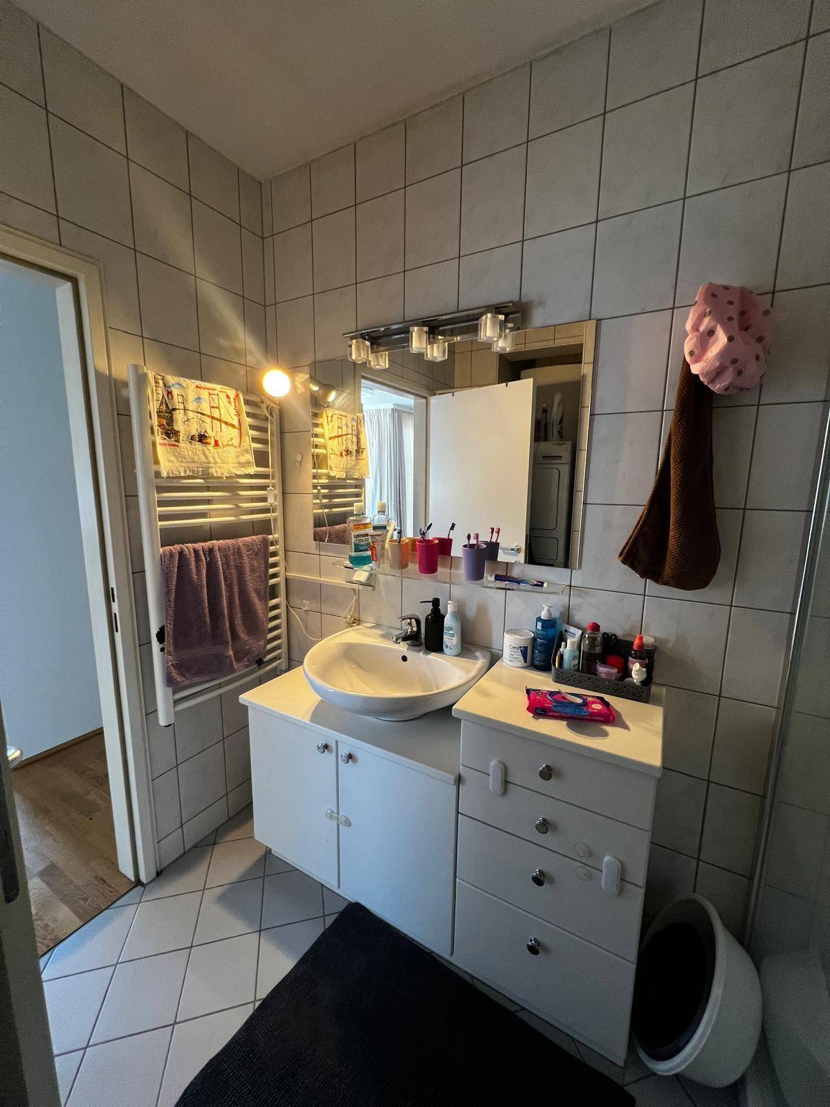 Badezimmer mit Waschbecken, Spiegelschrank und einem beheizten Handtuchhalter für Komfort.
