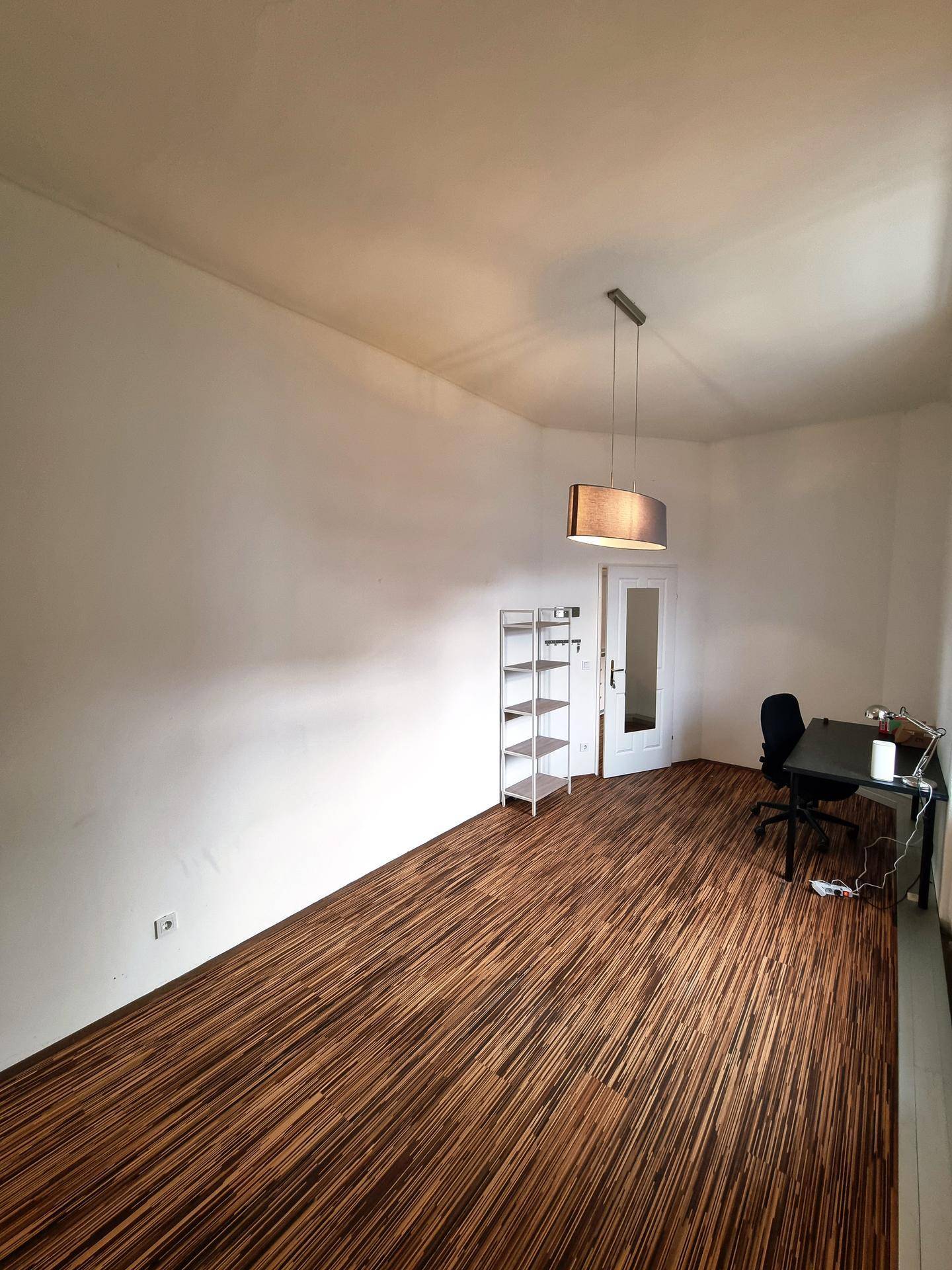 Geräumiges Zimmer mit Holzboden, weiß gestrichenen Wänden und viel Tageslicht.