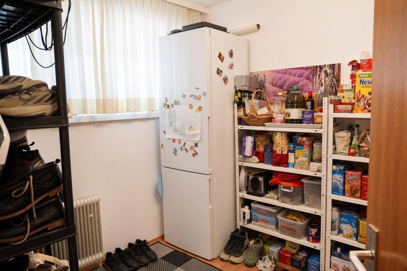 Praktischer Abstellraum mit Regalen, Kühlschrank und Fenster.