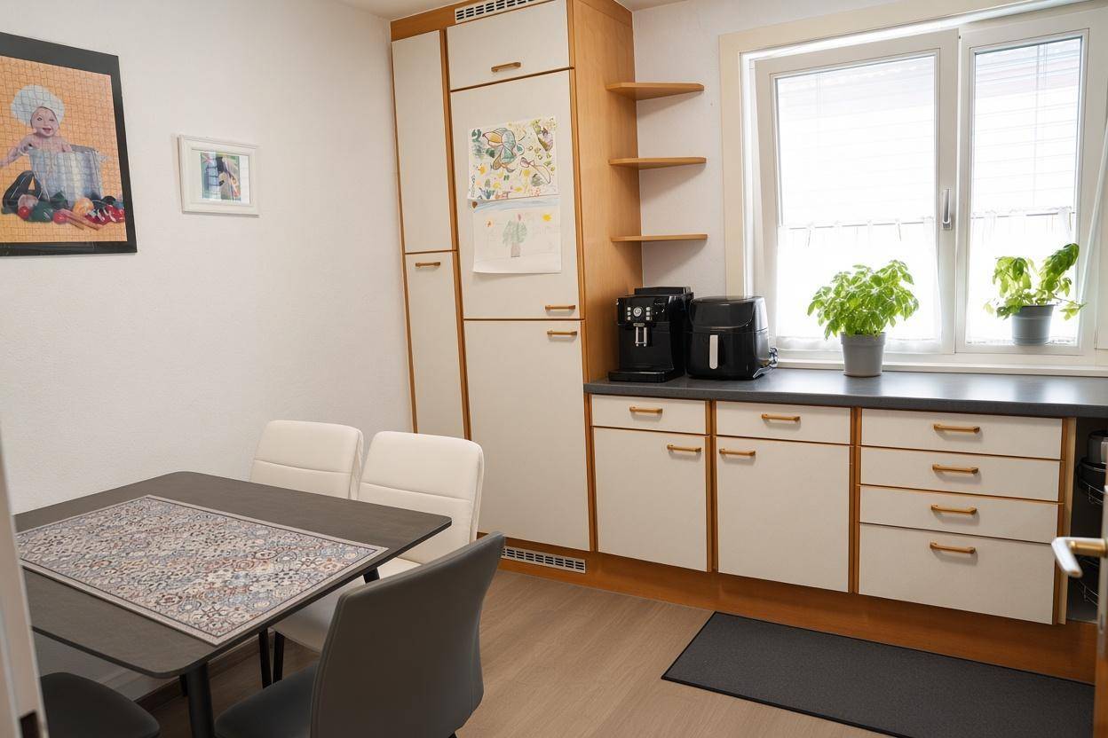 Helle Wohnküche mit Esstisch, modernen Geräten und Fensterblick.