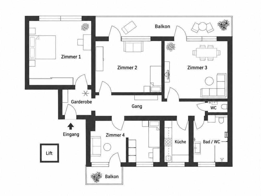 Grundriss einer Wohnung mit mehreren Zimmern, zwei Balkonen und separatem WC.