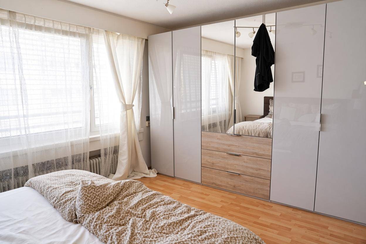 Schlafzimmer mit großem Spiegelschrank und hellem Holzboden.
