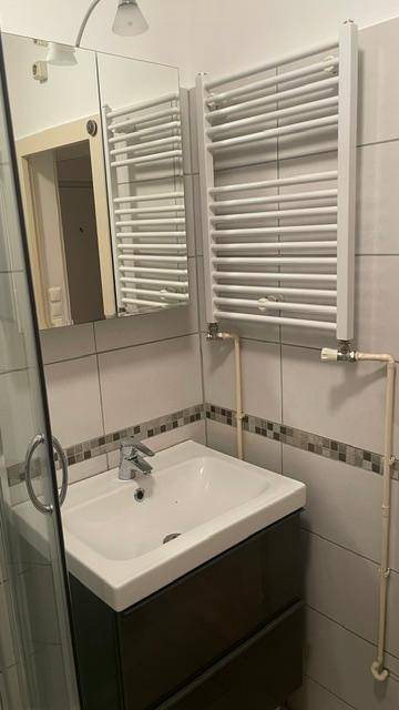 Badezimmer mit Einzelwaschbecken, Spiegelschrank und beheiztem Handtuchhalter.