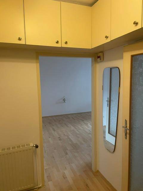 Heller Flur mit Spiegel und Blick in ein angrenzendes Zimmer.
