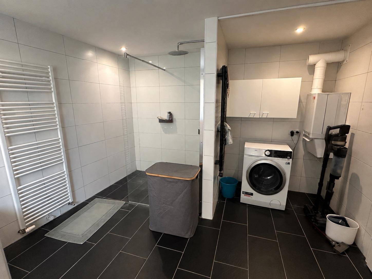 Hauswirtschaftsraum mit Dusche, Waschmaschine und Heizungsanlage.