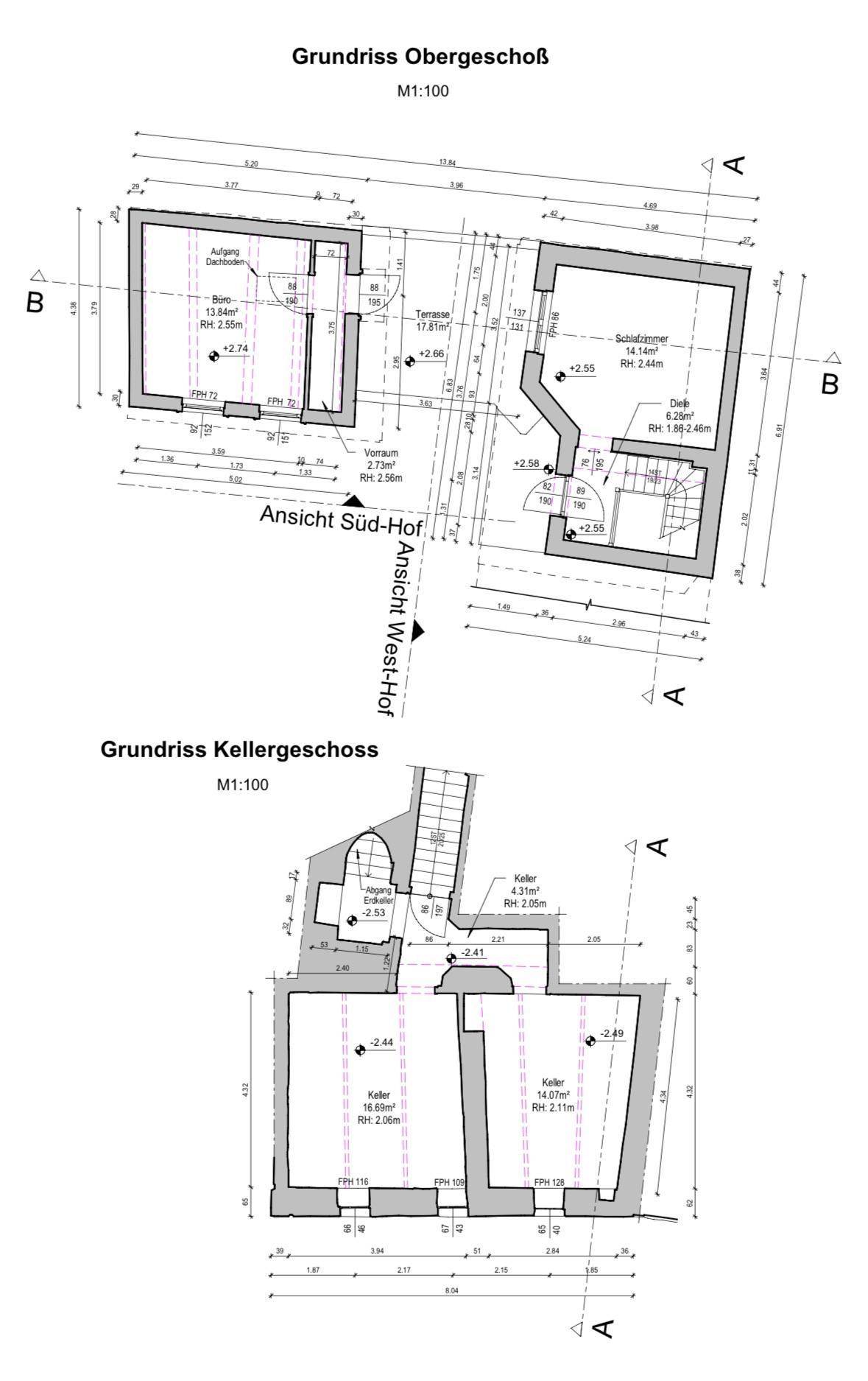 Grundrisse des Obergeschosses und Kellergeschosses mit Zimmeraufteilung.