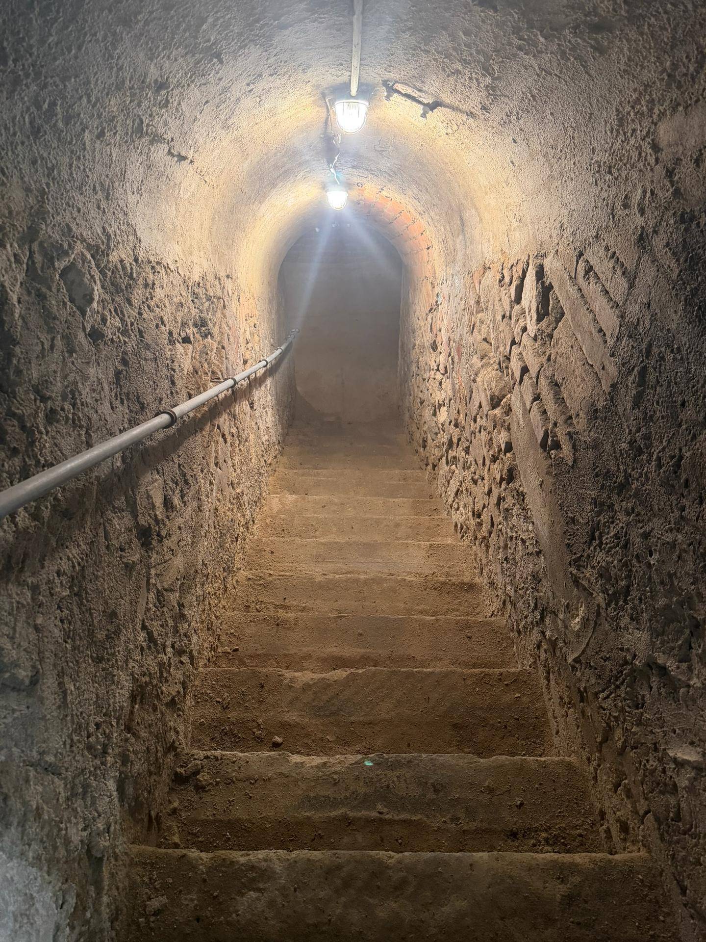 Historischer Kellerabgang mit Steinstufen und gewölbter Decke.