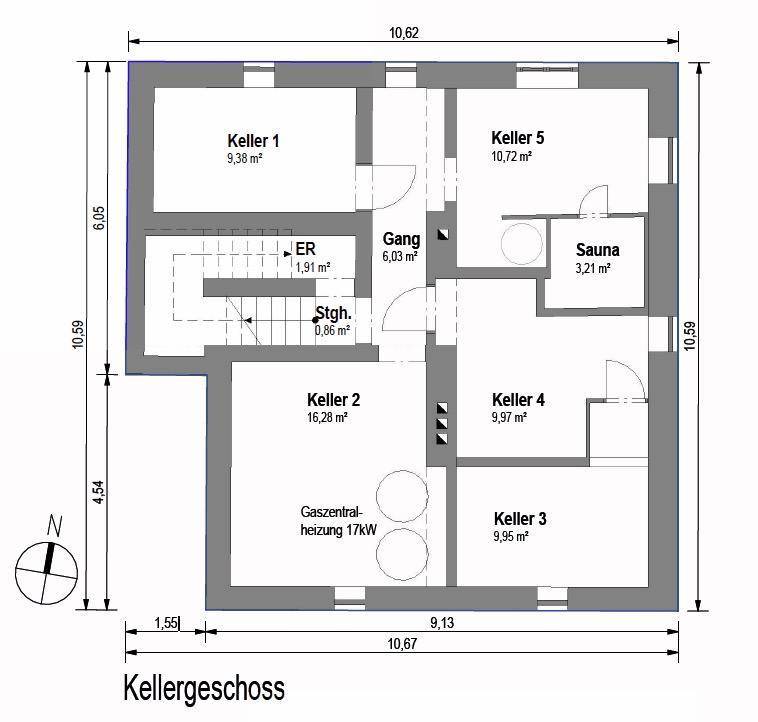 Grundriss des Kellergeschosses mit mehreren Kellerräumen, Heizungsraum und Sauna.