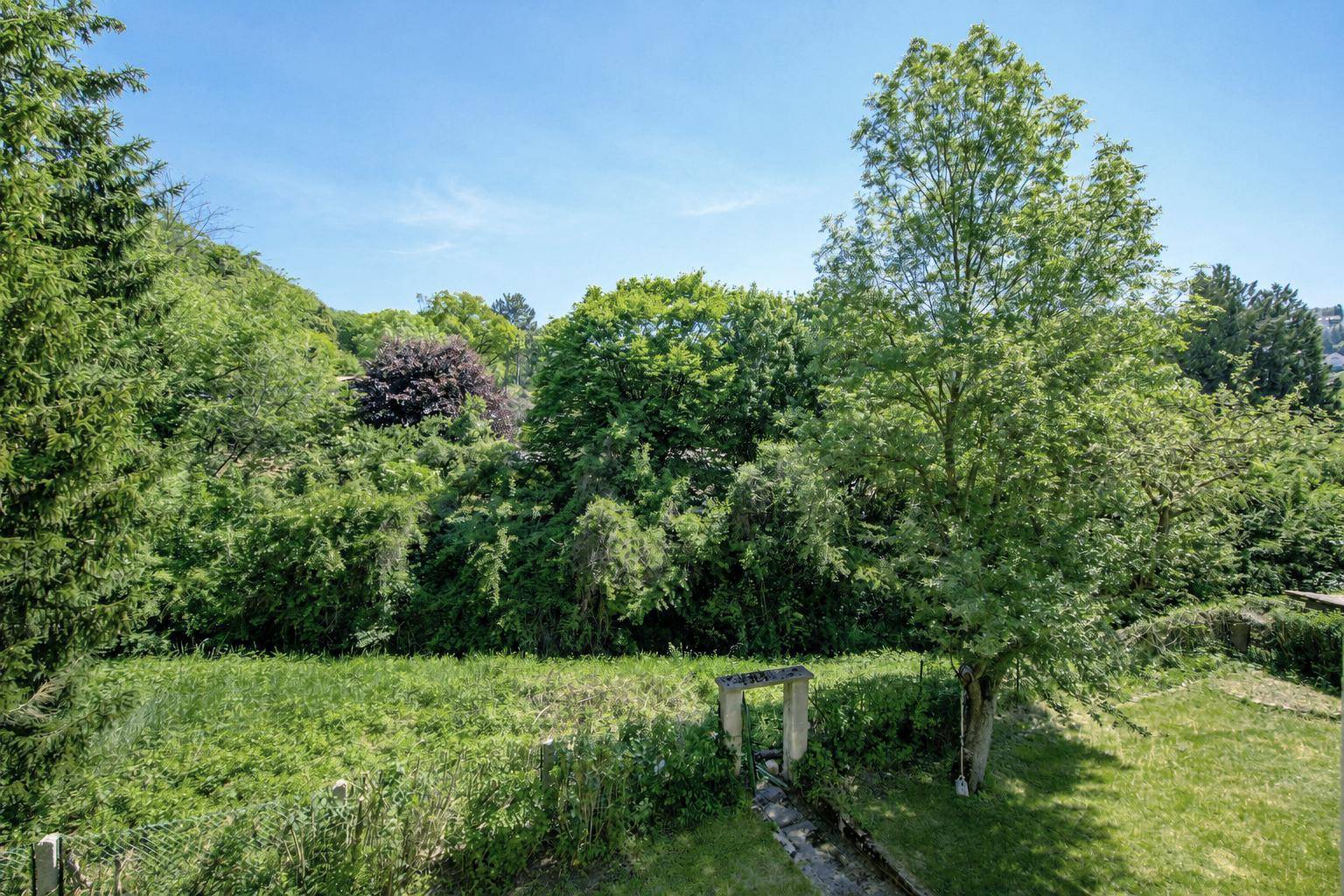 Weitläufiger, naturbelassener Gartenbereich mit üppiger Vegetation und einem alten Steintor.