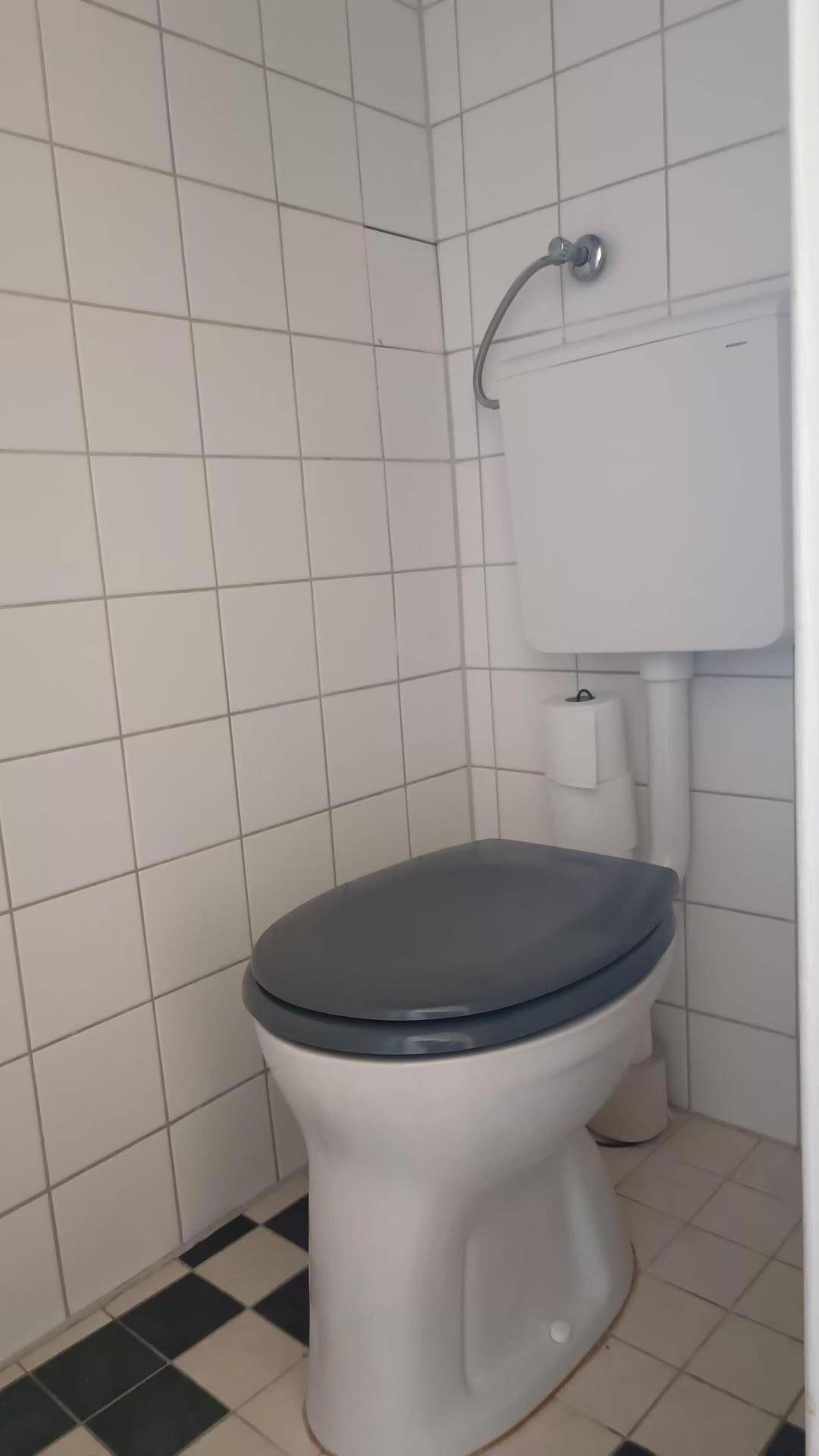 Separate Toilette mit weißen Wandfliesen und schwarz-weiß kariertem Fliesenboden.