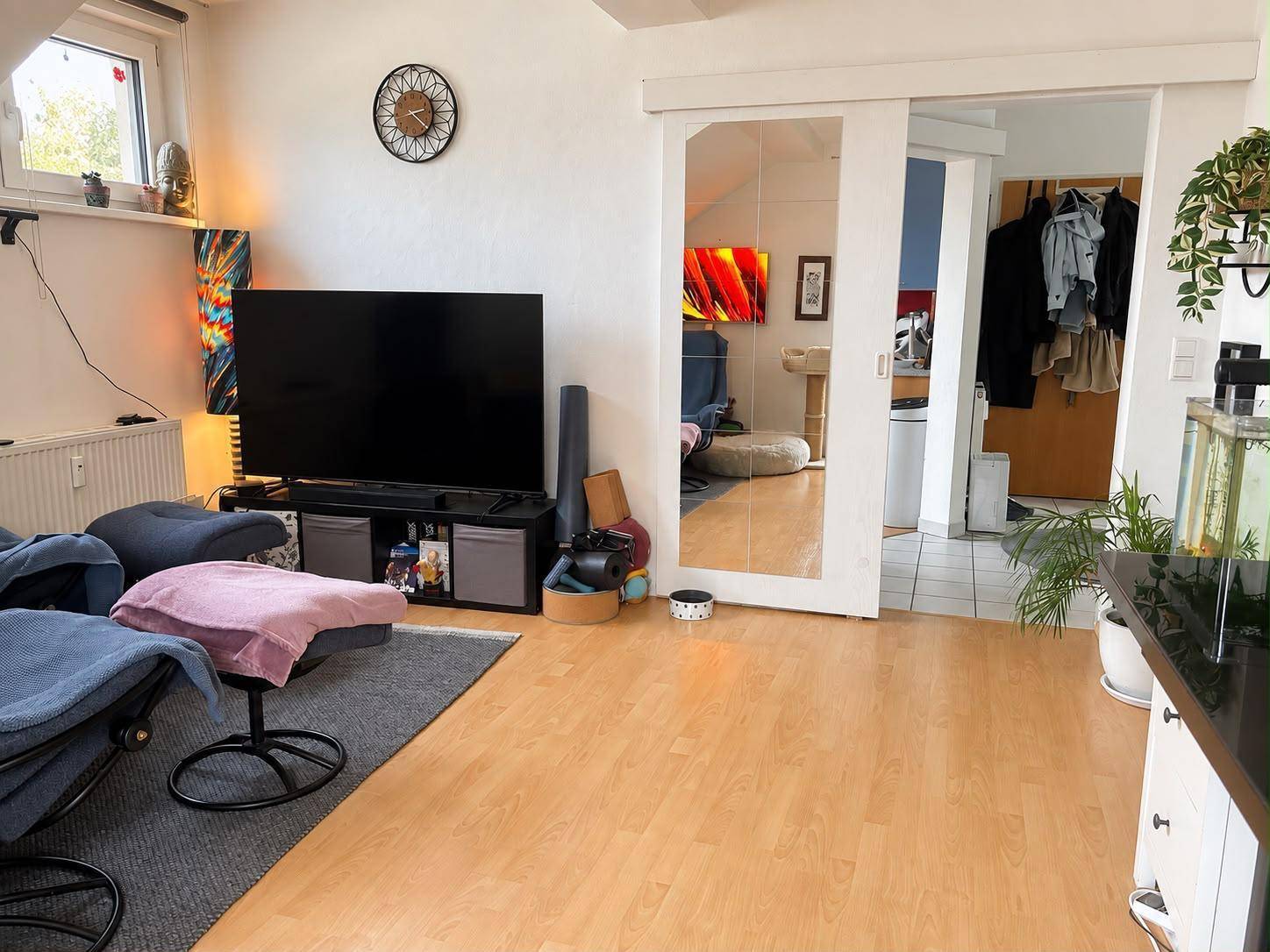 Wohnzimmer mit Fernseher und Spiegelschiebetür, die den angrenzenden Flur reflektiert.