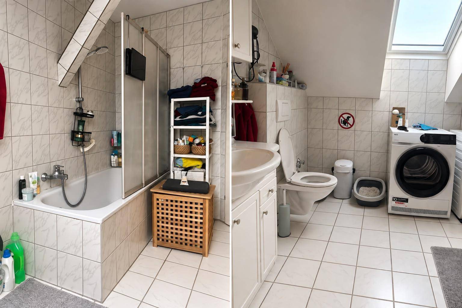 Helles Badezimmer mit Badewanne, Dusche, WC, Waschmaschine und Dachfenster.