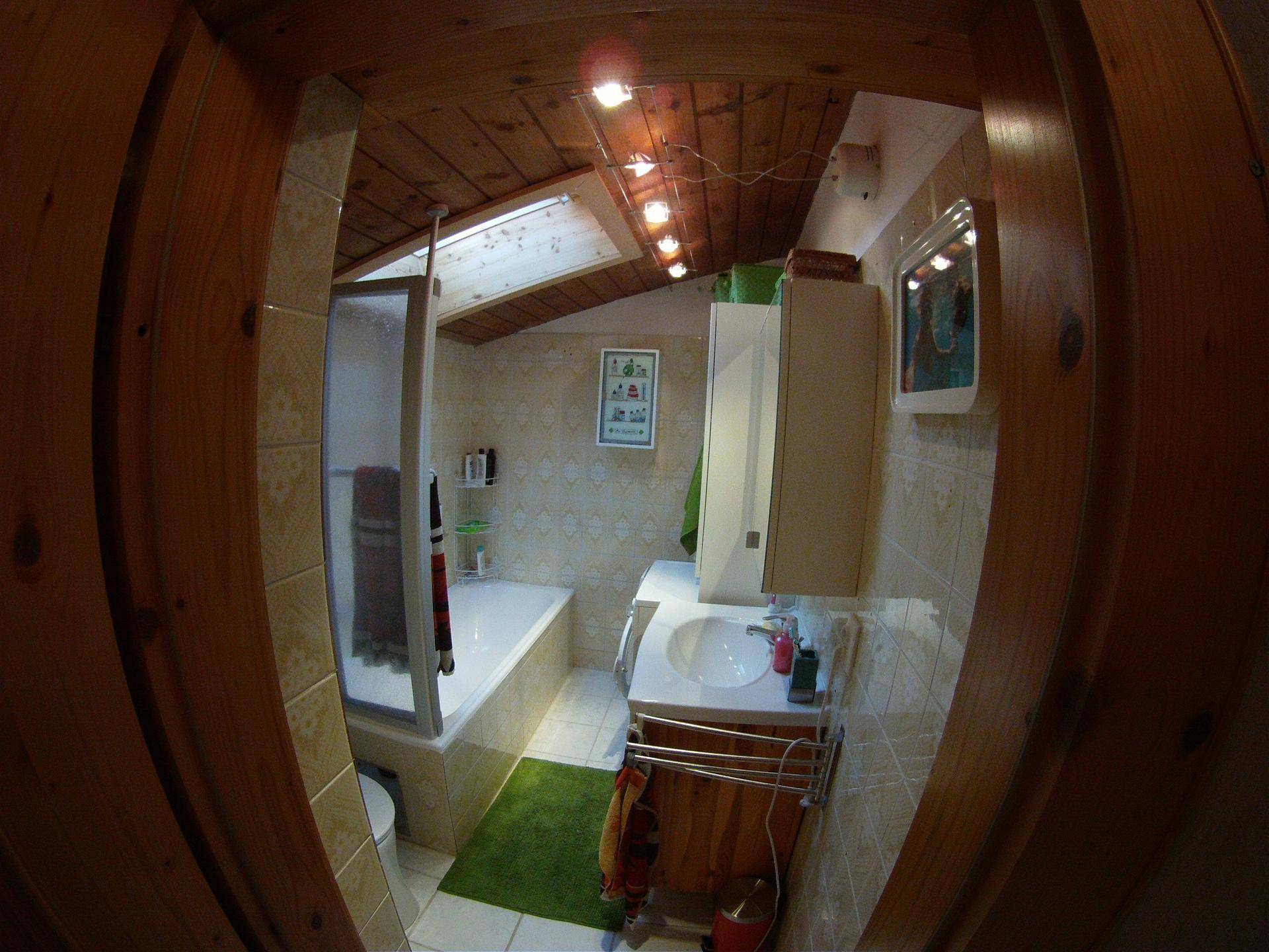 Badezimmer mit Badewanne, Dusche, Waschbecken und schräger Holzdecke mit Dachfenster.