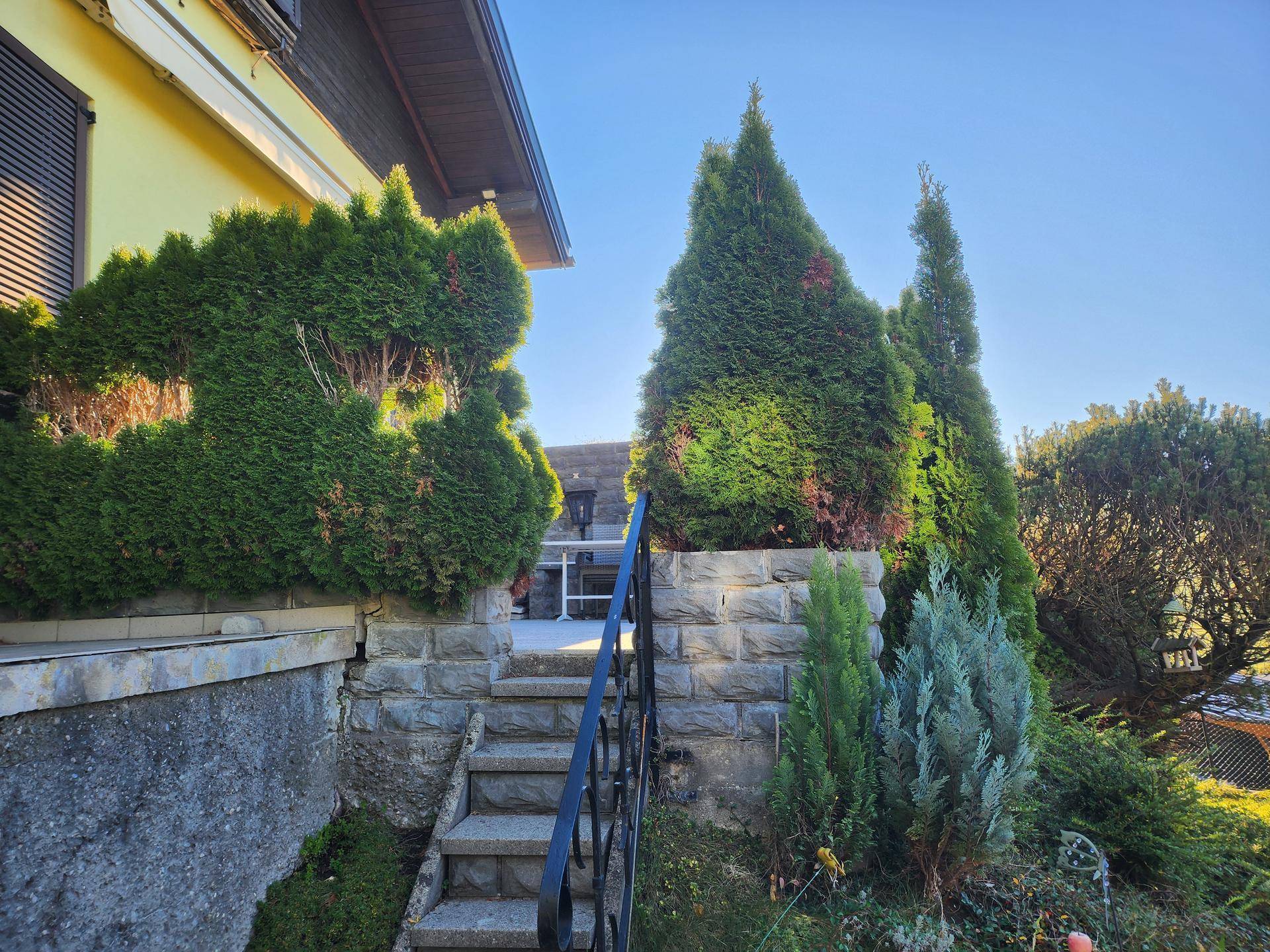 Steintreppe mit Geländer und gepflegter Bepflanzung neben dem Haus unter blauem Himmel.